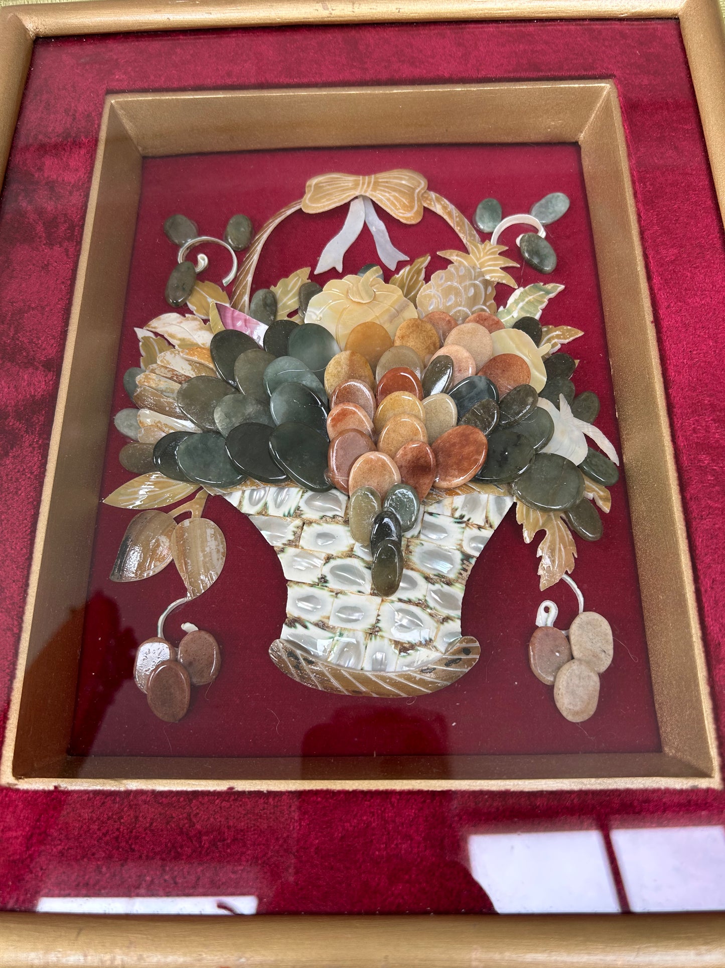 Vintage Mid Century Shell and Jade Art Shadow Box Featuring Floral Art