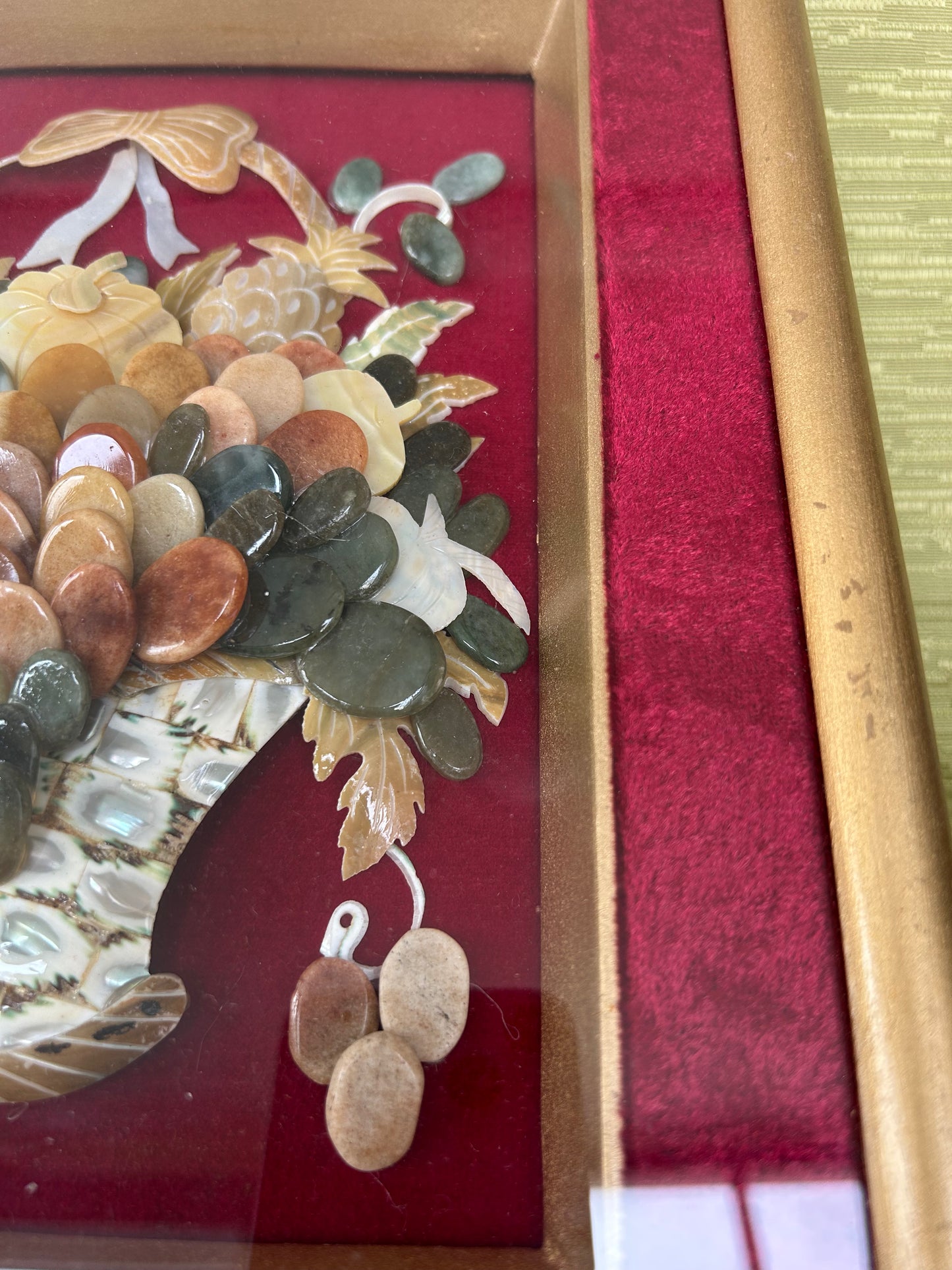 Vintage Mid Century Shell and Jade Art Shadow Box Featuring Floral Art