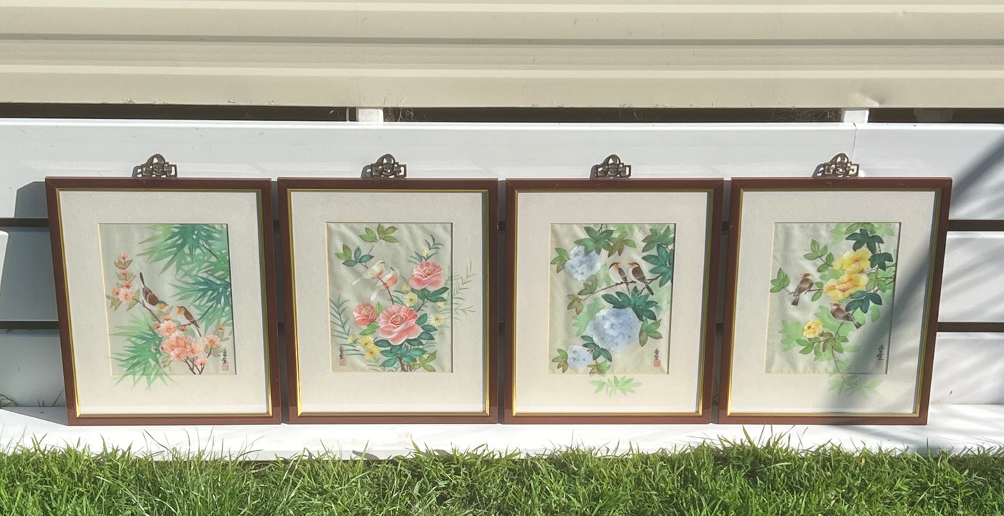 Original Set Of 4 Chinese Watercolours Silk Signed COA Rinalda Ward Qui-sang