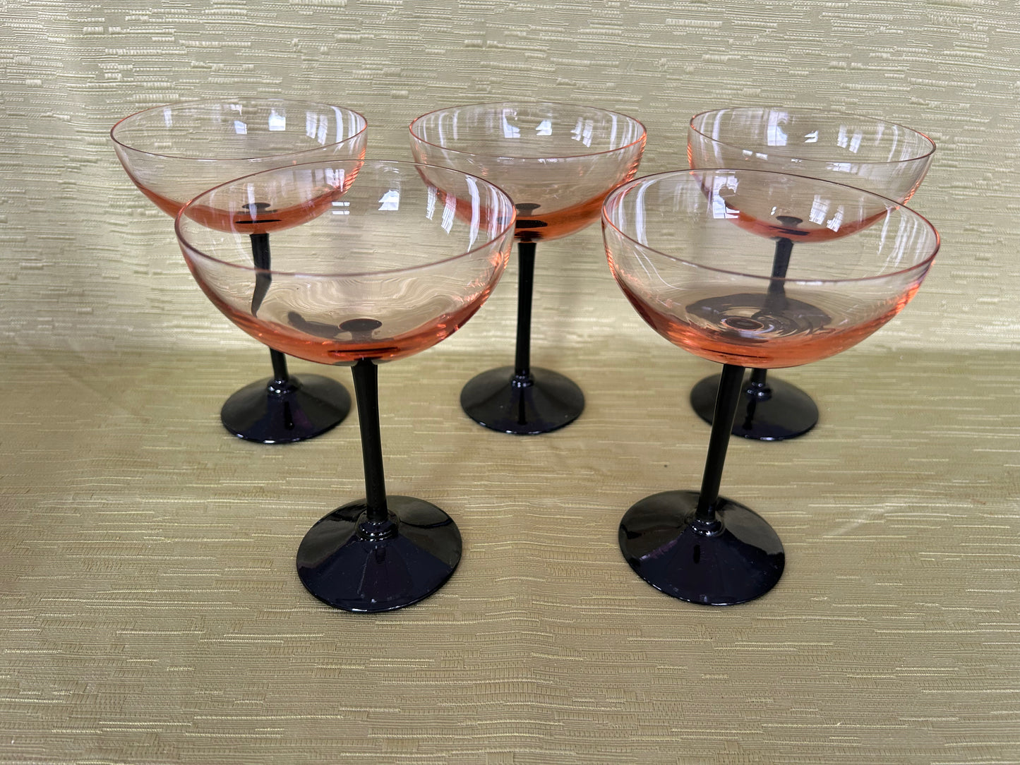 Five Vintage Retro Pink & Black Stem Cocktail Champagne Glasses