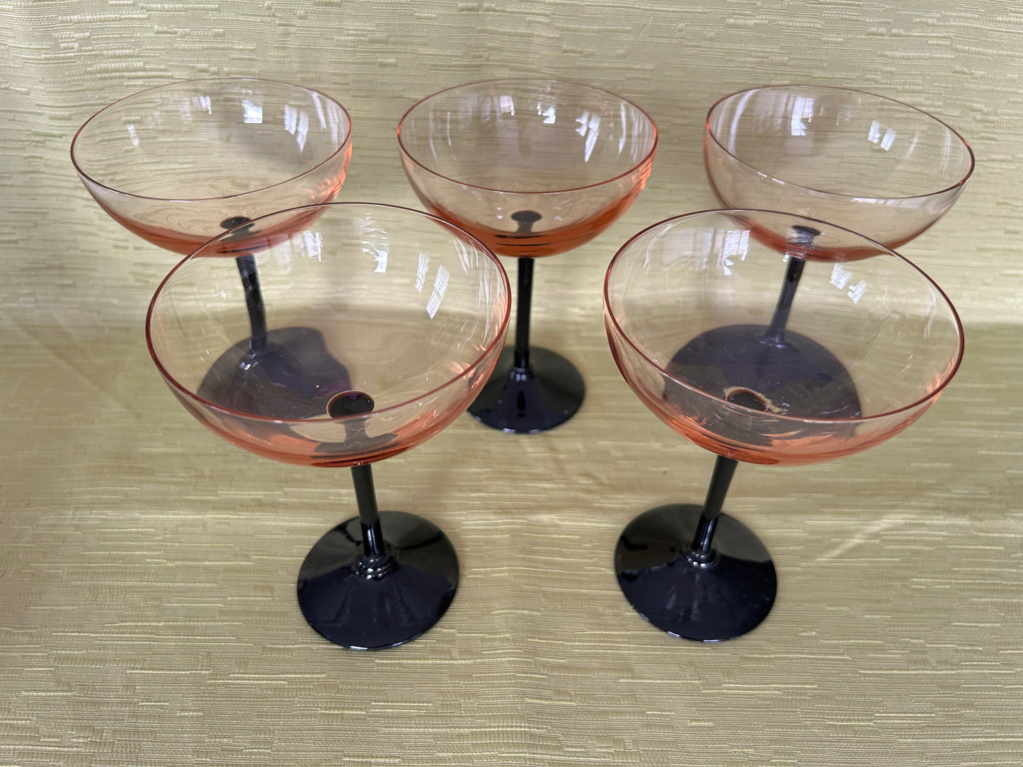 Five Vintage Retro Pink & Black Stem Cocktail Champagne Glasses