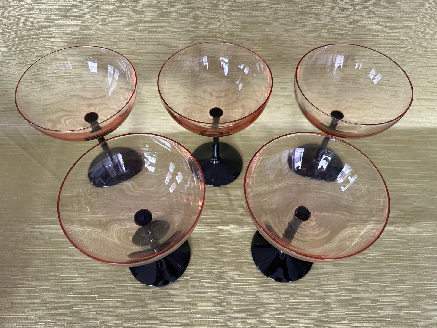 Five Vintage Retro Pink & Black Stem Cocktail Champagne Glasses