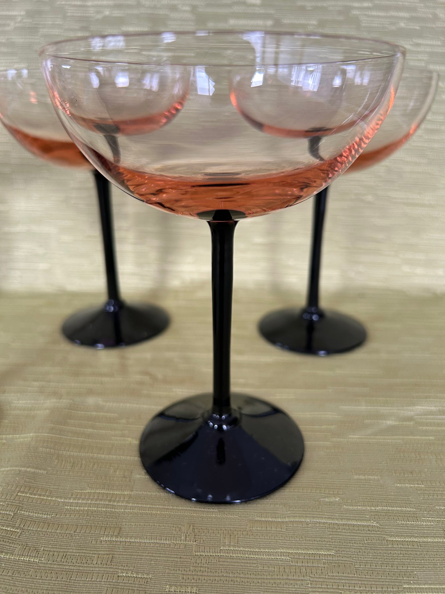 Five Vintage Retro Pink & Black Stem Cocktail Champagne Glasses