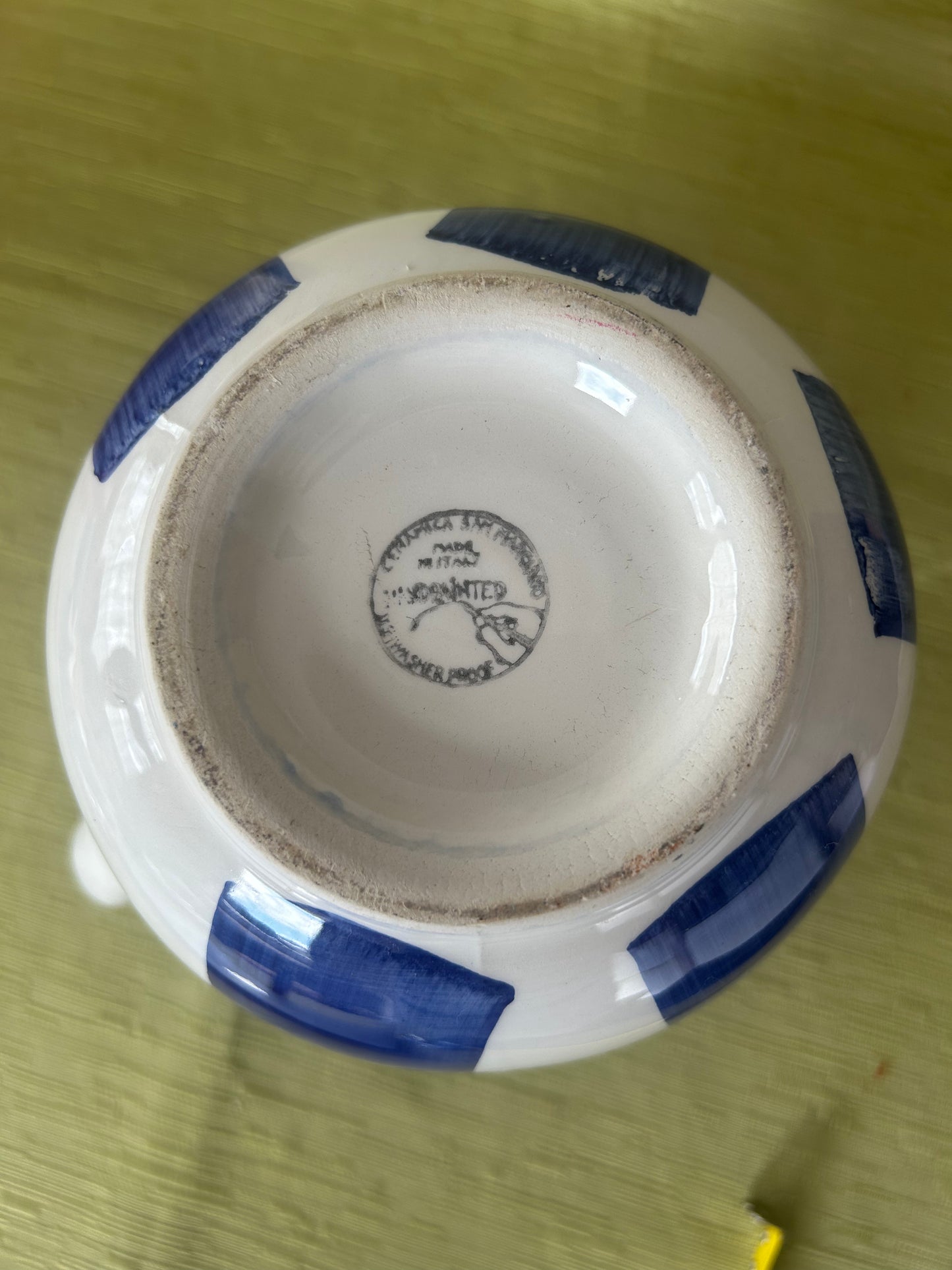 Vintage Hand Painted Italian Ceramic Blue & White Geo Jug Made In Italy