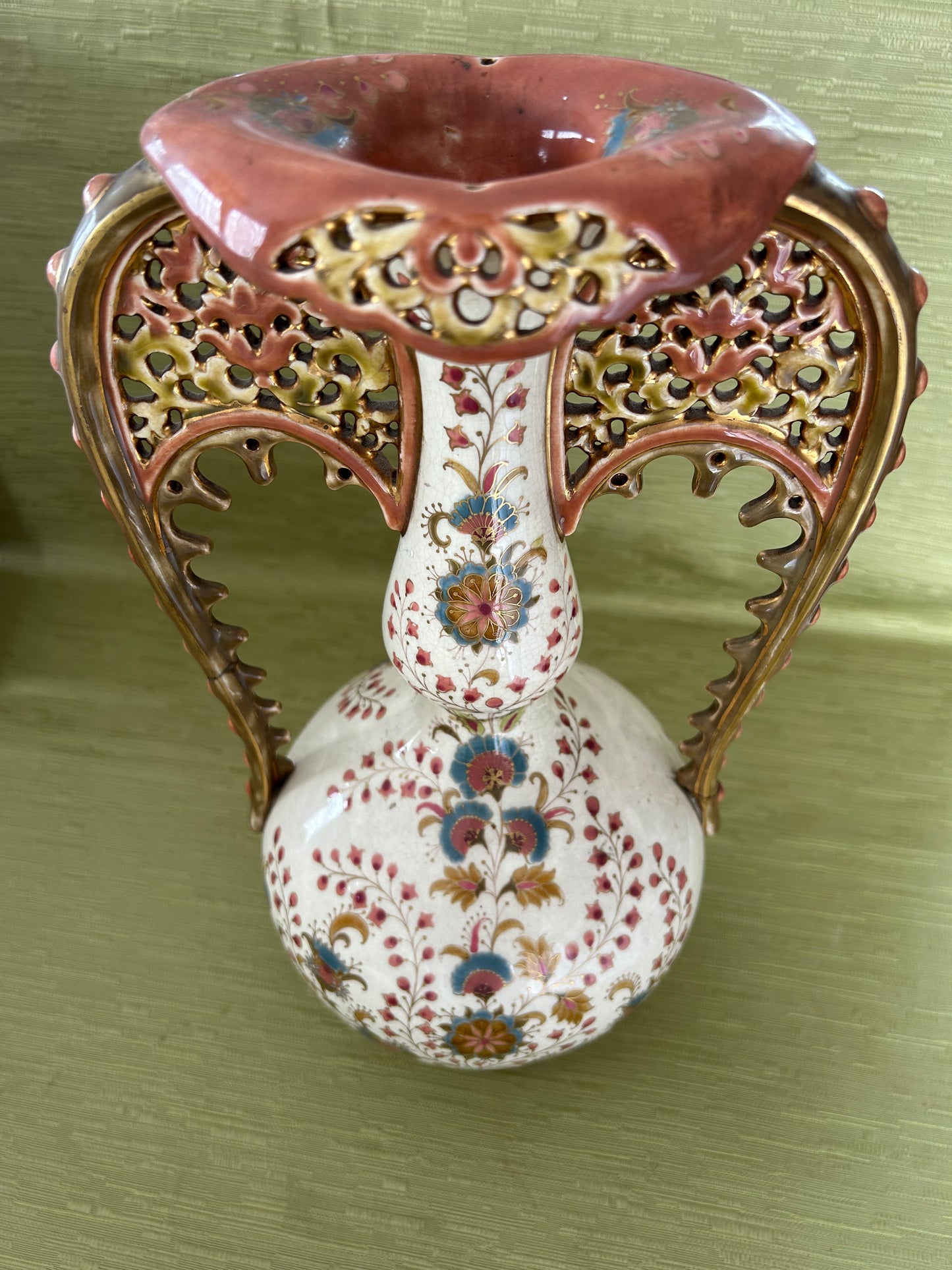 Fine Antique ZSOLNAY PECS Hungary Porcelain Twin Handled Persian Style Vase