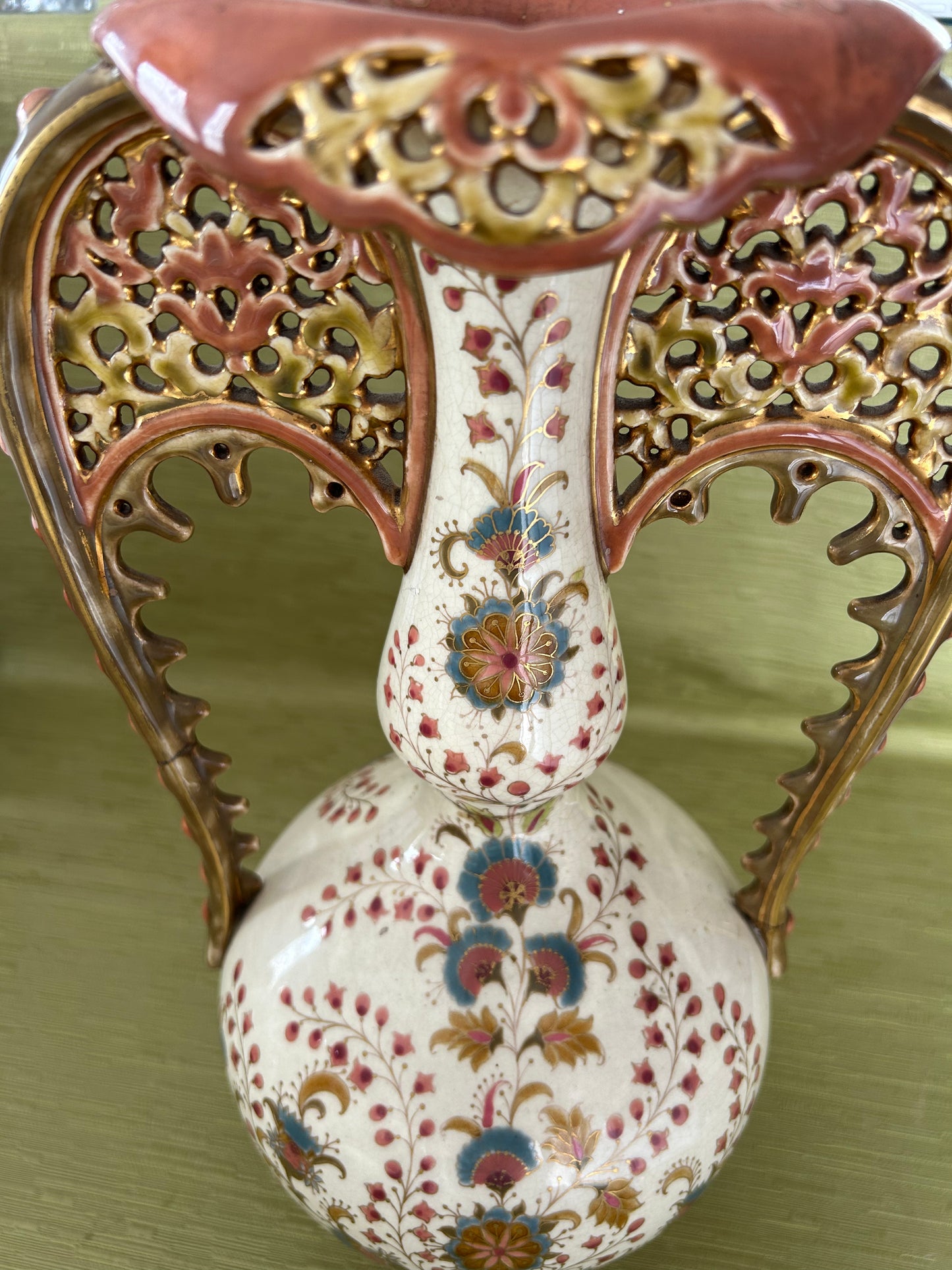Fine Antique ZSOLNAY PECS Hungary Porcelain Twin Handled Persian Style Vase
