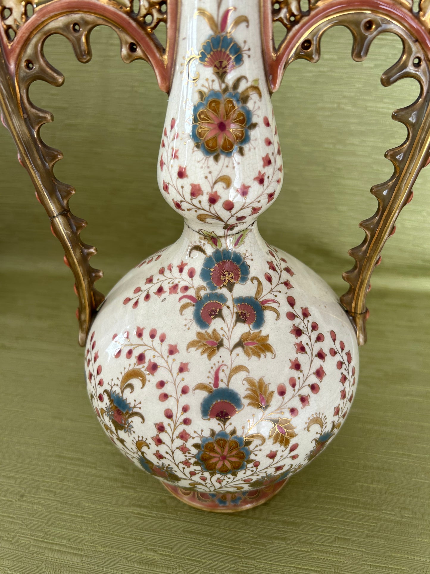 Fine Antique ZSOLNAY PECS Hungary Porcelain Twin Handled Persian Style Vase