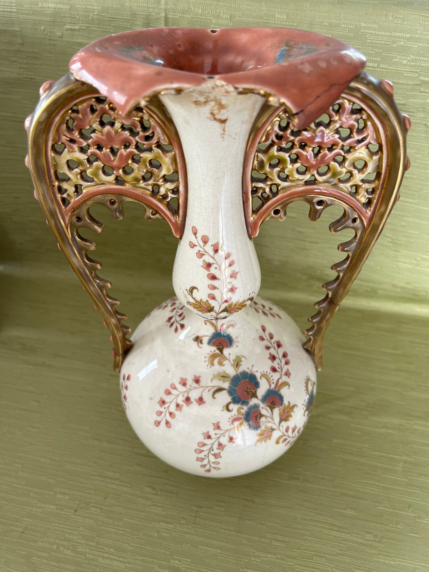 Fine Antique ZSOLNAY PECS Hungary Porcelain Twin Handled Persian Style Vase