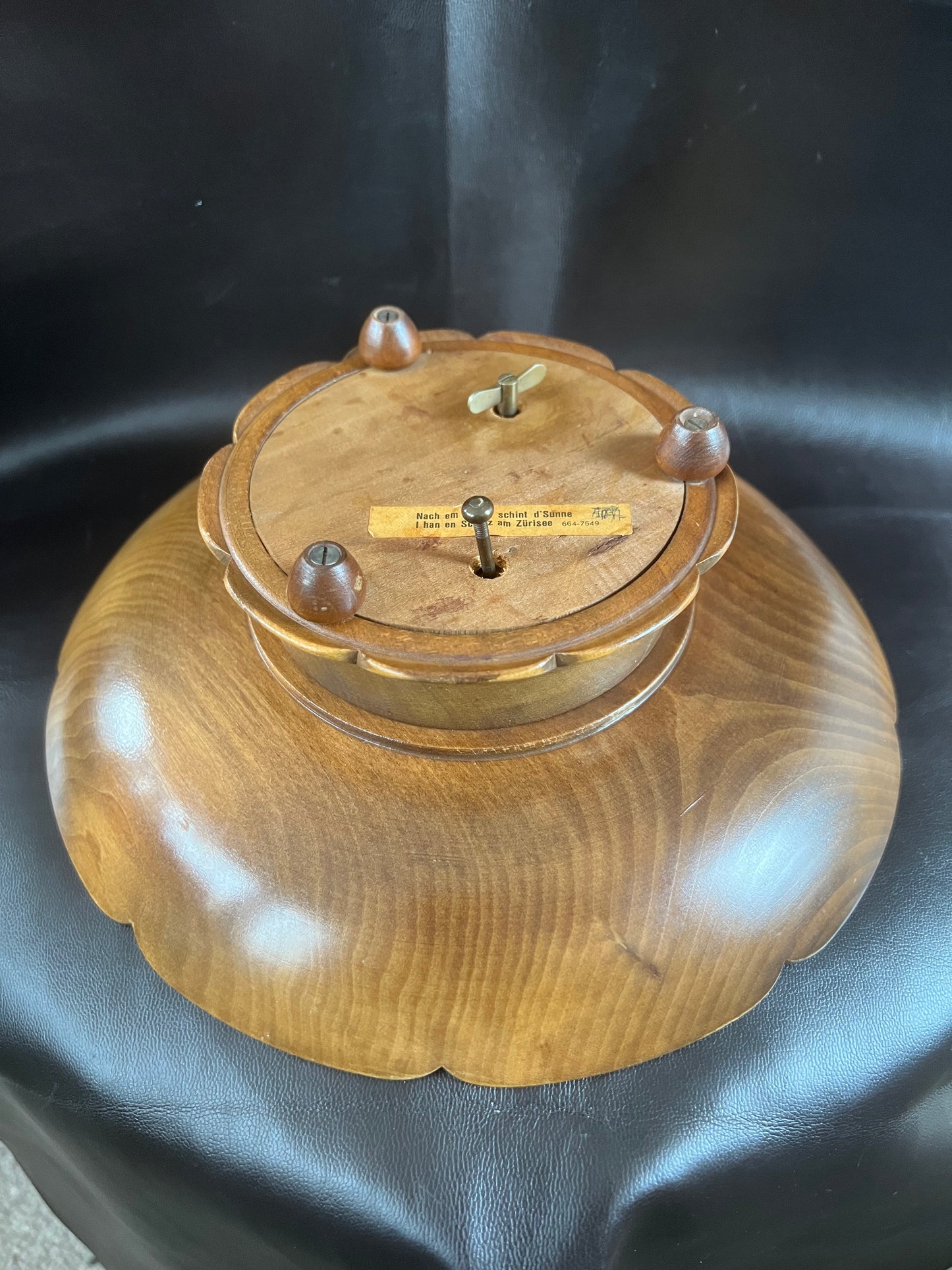 Vintage Swiss Musical Wooden Footed Bowl Fruit Bowl Carved Floral Design Fully Working