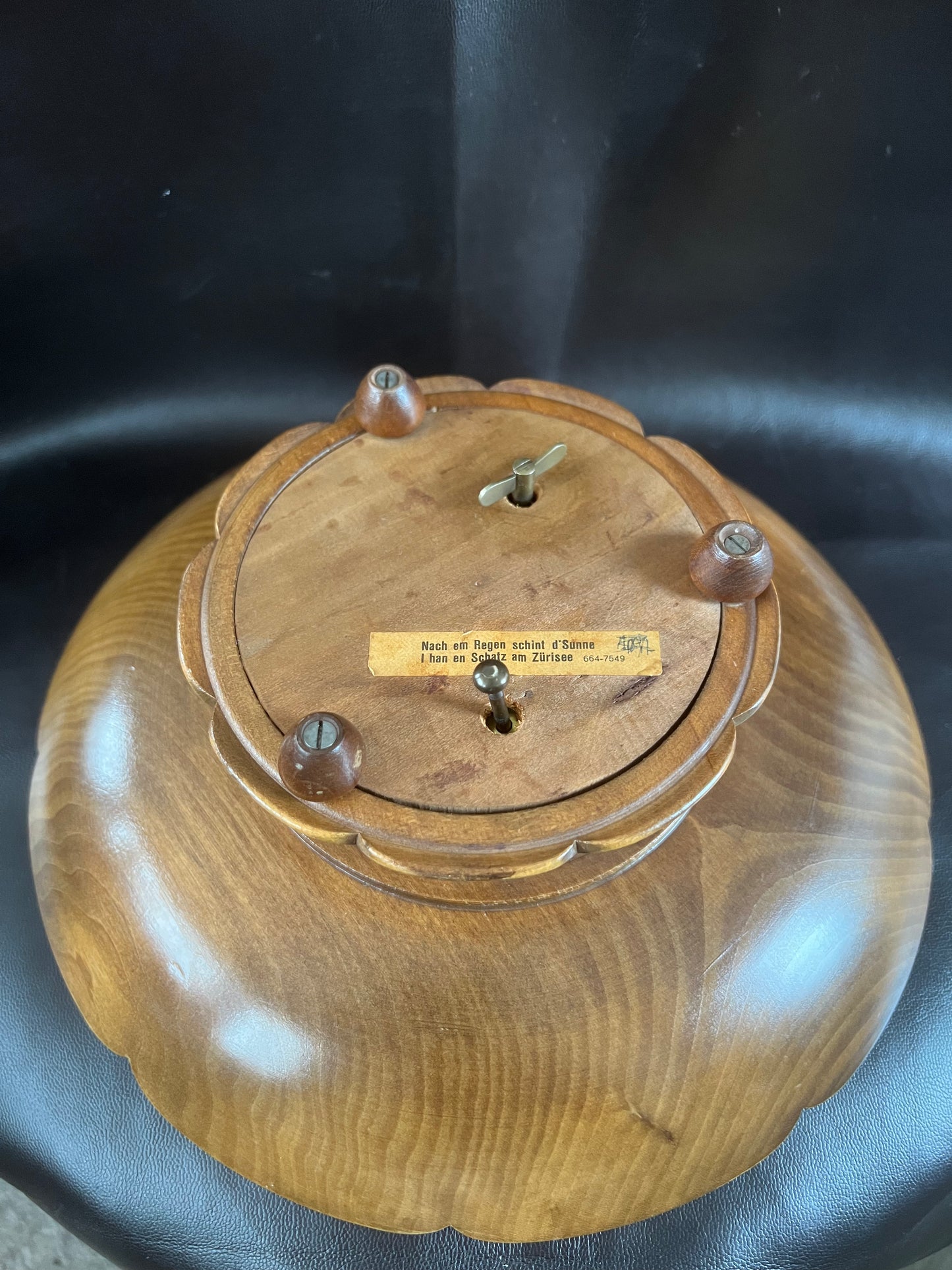 Vintage Swiss Musical Wooden Footed Bowl Fruit Bowl Carved Floral Design Fully Working