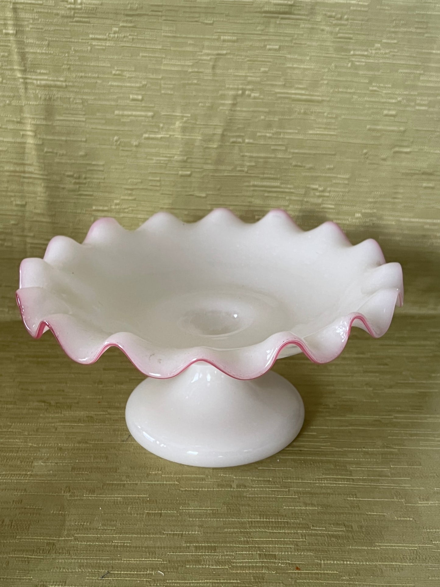 French Antique Opaline Ruffled Edge Pink Crest Glass Tazza Compote Circa 1860