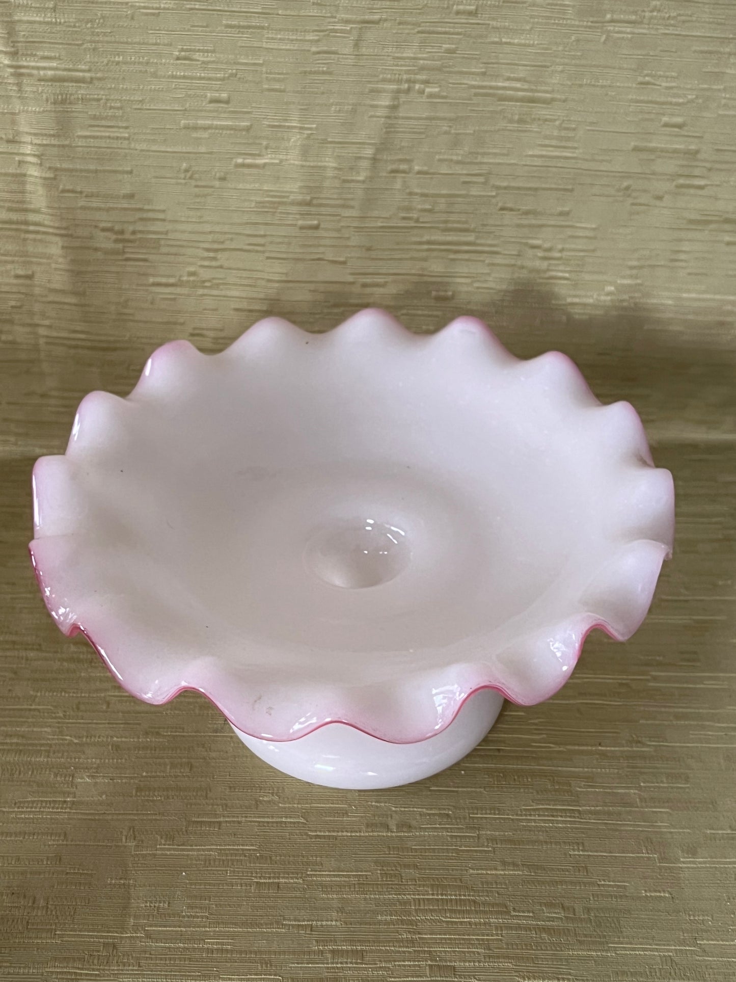 French Antique Opaline Ruffled Edge Pink Crest Glass Tazza Compote Circa 1860