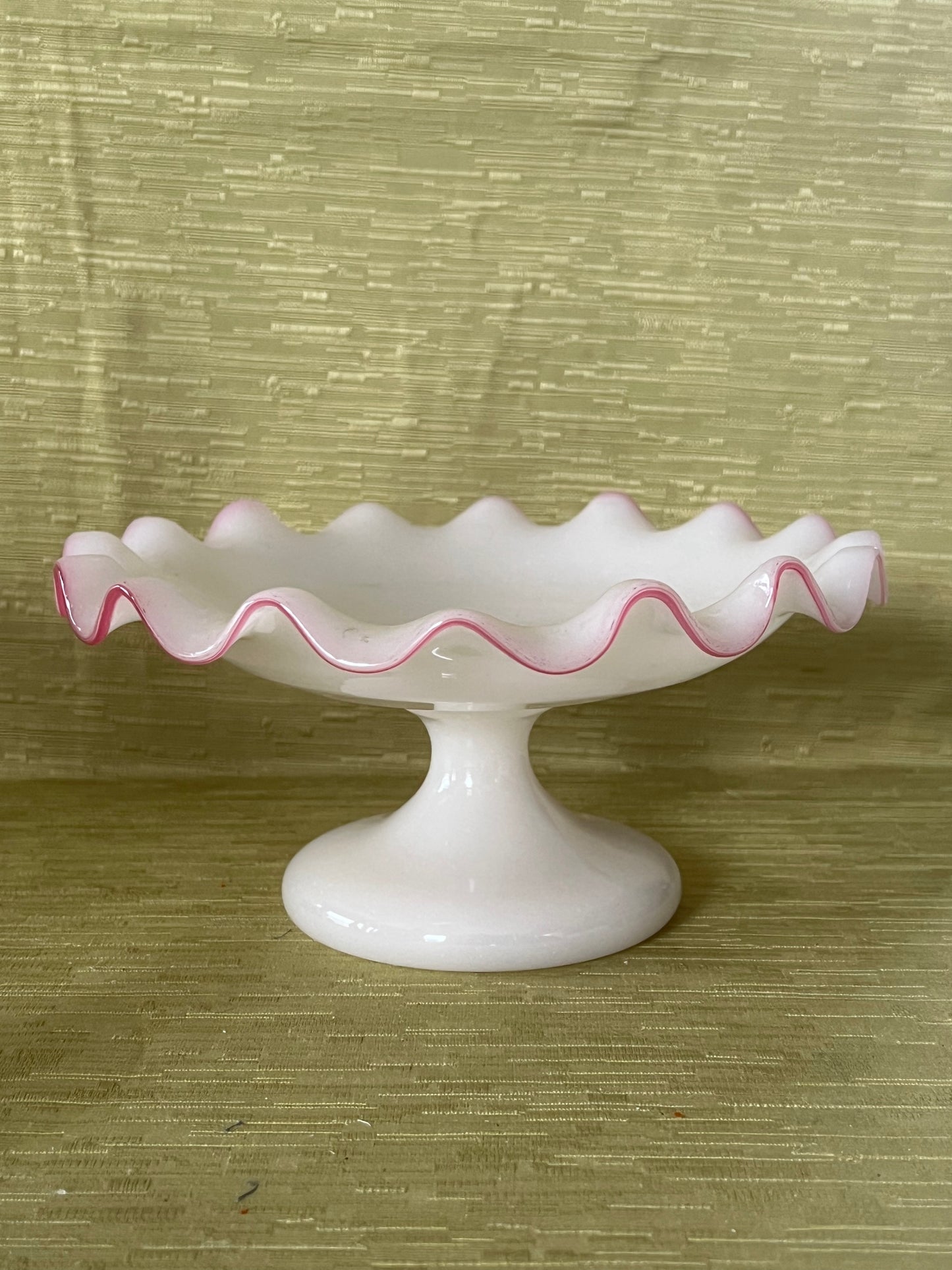 French Antique Opaline Ruffled Edge Pink Crest Glass Tazza Compote Circa 1860