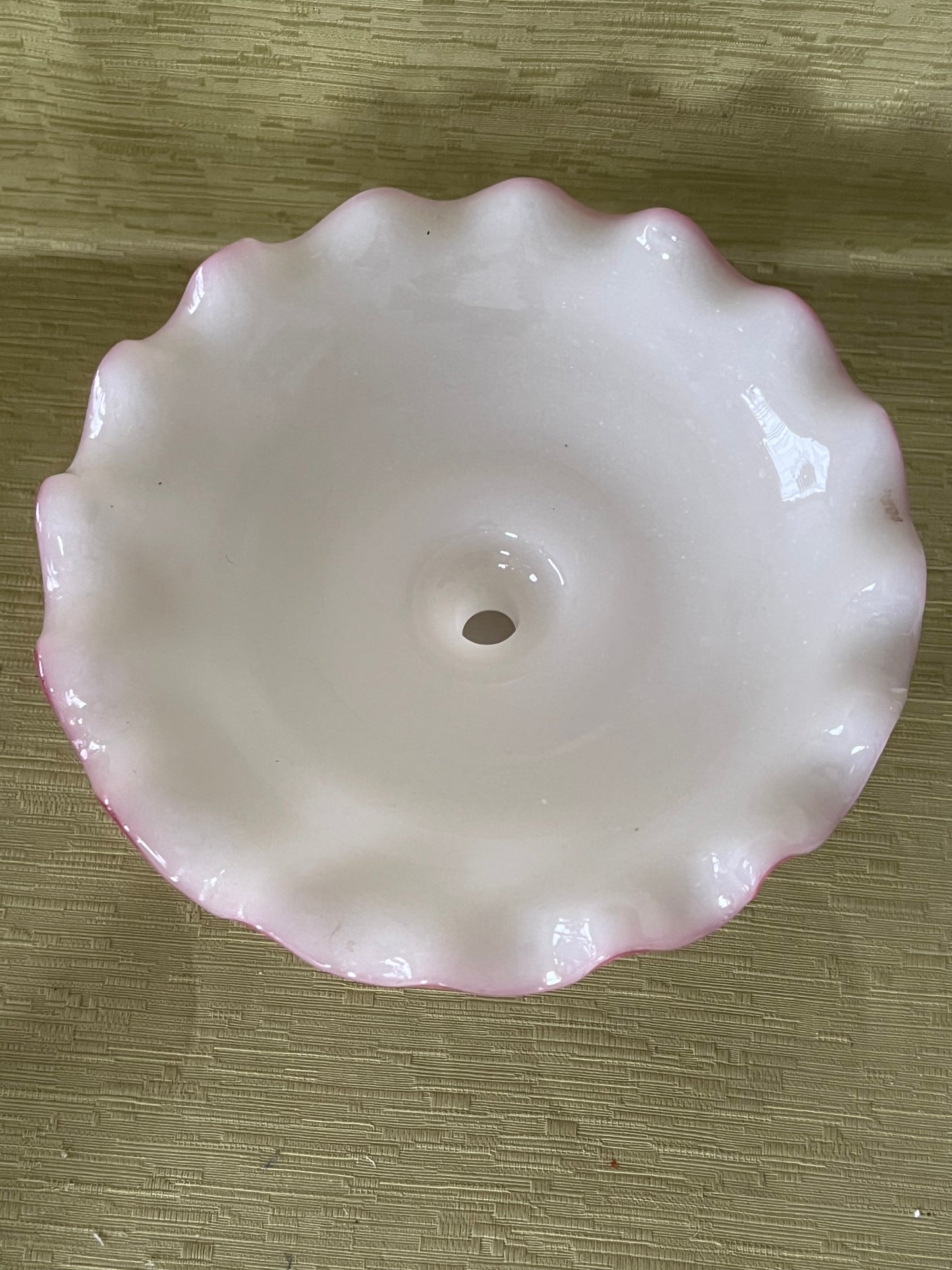 French Antique Opaline Ruffled Edge Pink Crest Glass Tazza Compote Circa 1860