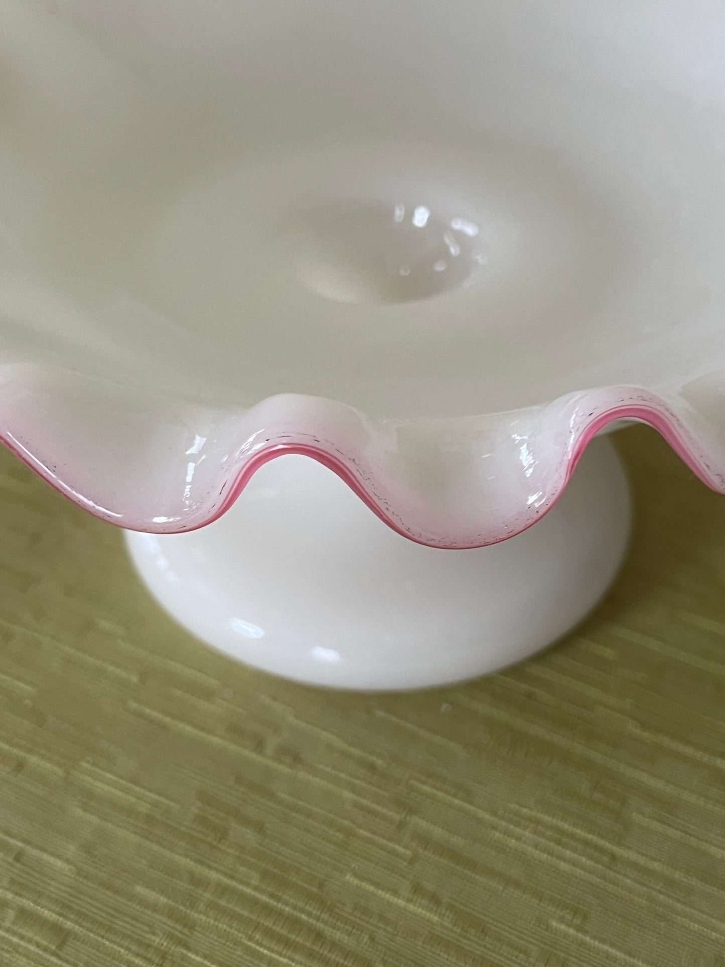 French Antique Opaline Ruffled Edge Pink Crest Glass Tazza Compote Circa 1860