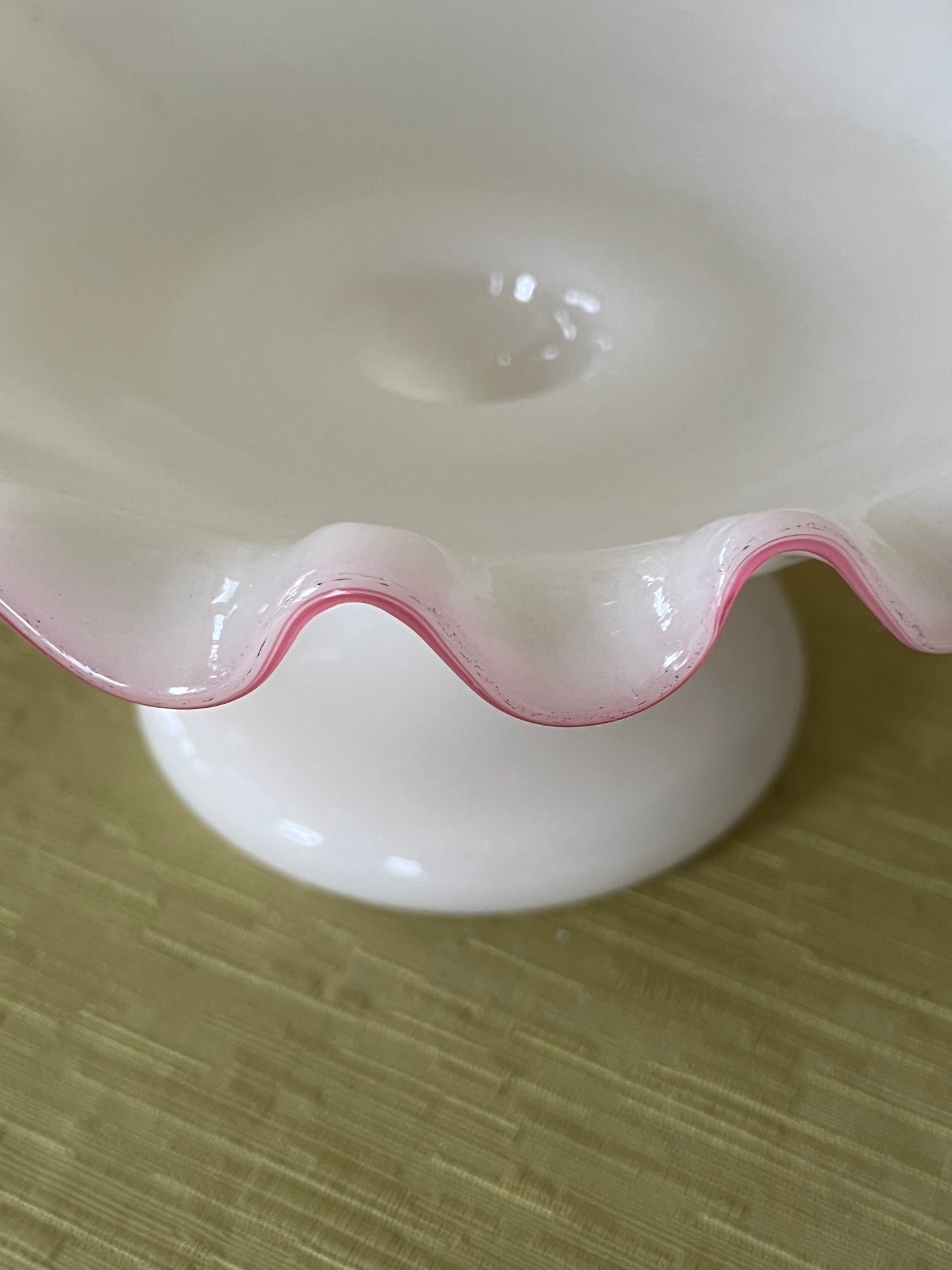French Antique Opaline Ruffled Edge Pink Crest Glass Tazza Compote Circa 1860