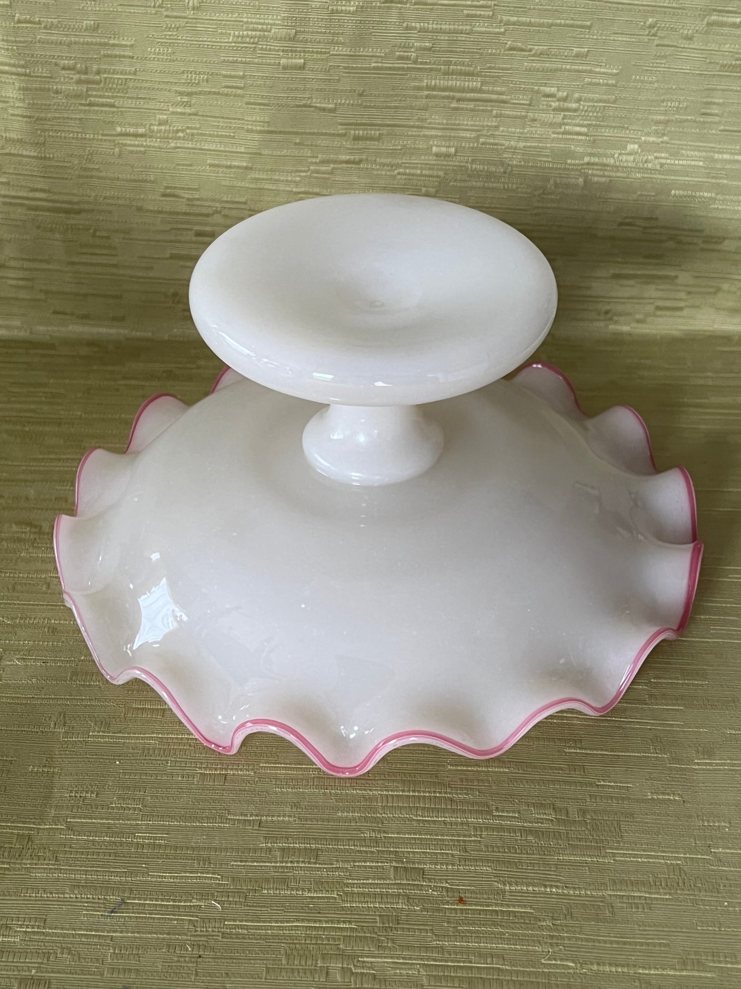 French Antique Opaline Ruffled Edge Pink Crest Glass Tazza Compote Circa 1860