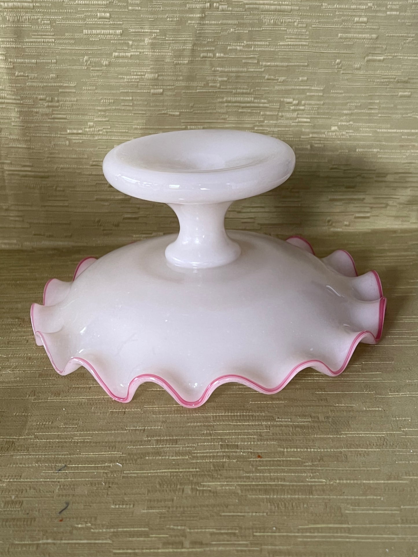 French Antique Opaline Ruffled Edge Pink Crest Glass Tazza Compote Circa 1860