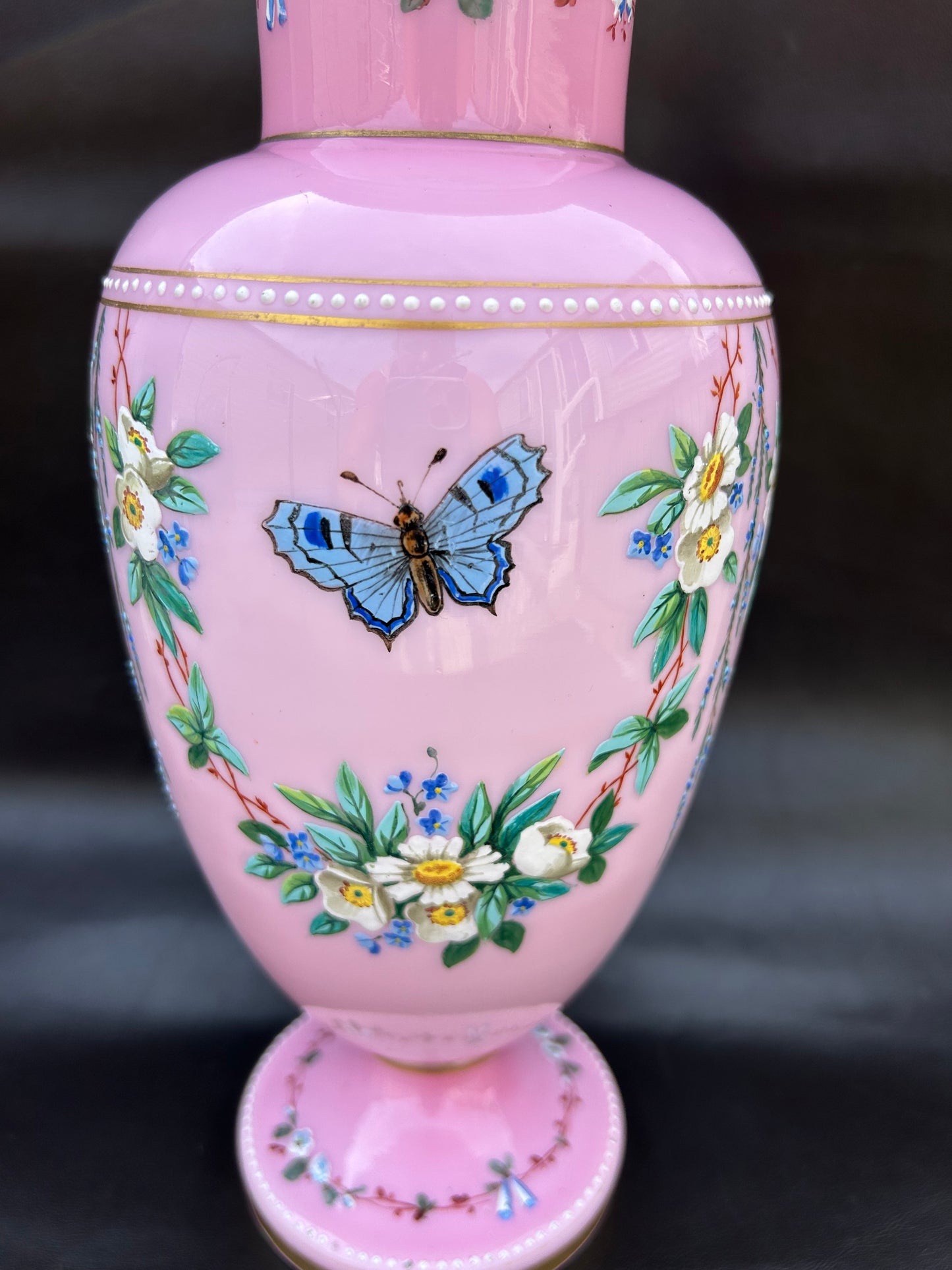 Stunning Large Victorian Opaline Vase Hand Painted Flowers Butterflies Gold Gilt