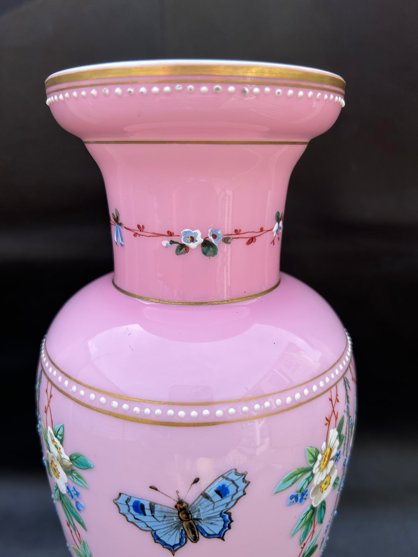 Stunning Large Victorian Opaline Vase Hand Painted Flowers Butterflies Gold Gilt