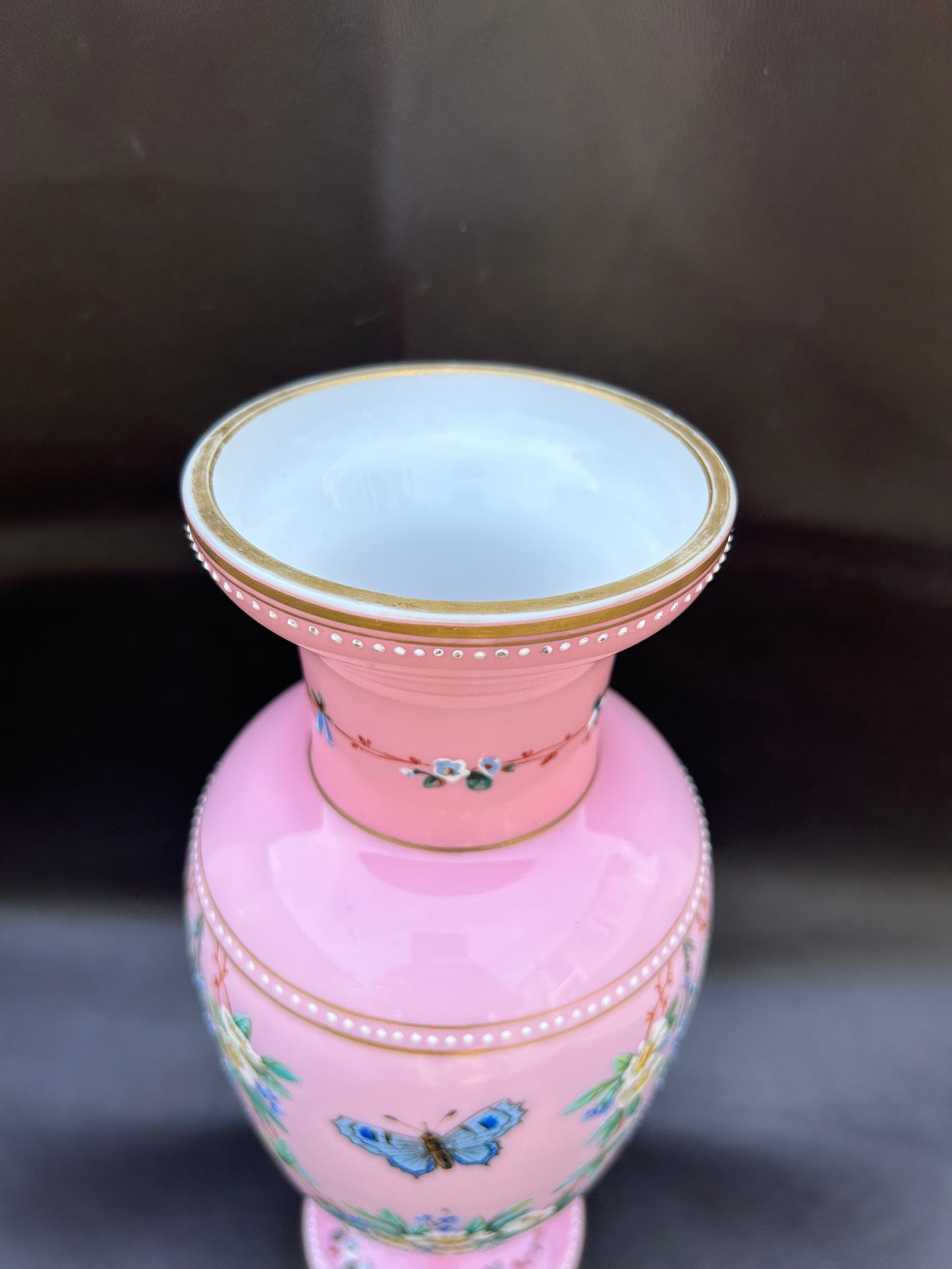 Stunning Large Victorian Opaline Vase Hand Painted Flowers Butterflies Gold Gilt