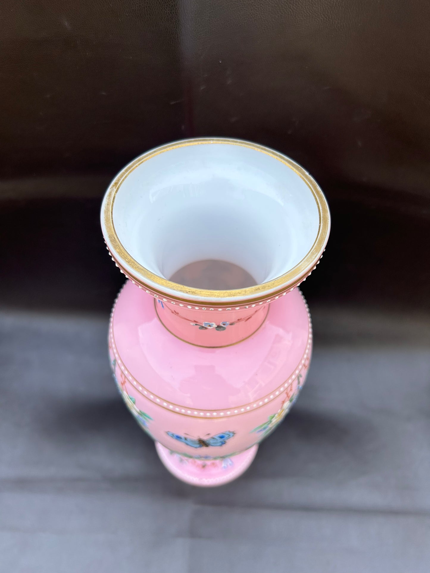 Stunning Large Victorian Opaline Vase Hand Painted Flowers Butterflies Gold Gilt