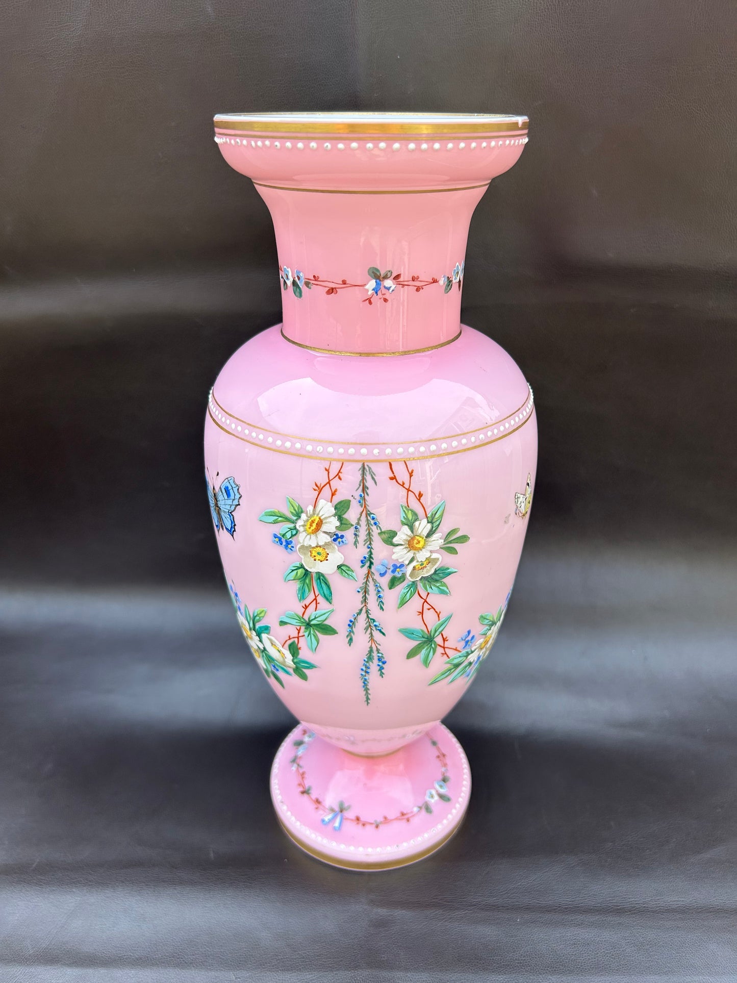 Stunning Large Victorian Opaline Vase Hand Painted Flowers Butterflies Gold Gilt