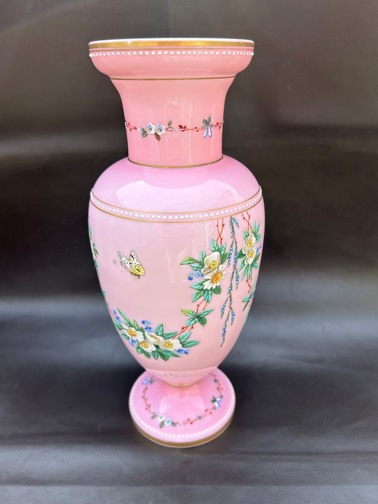 Stunning Large Victorian Opaline Vase Hand Painted Flowers Butterflies Gold Gilt