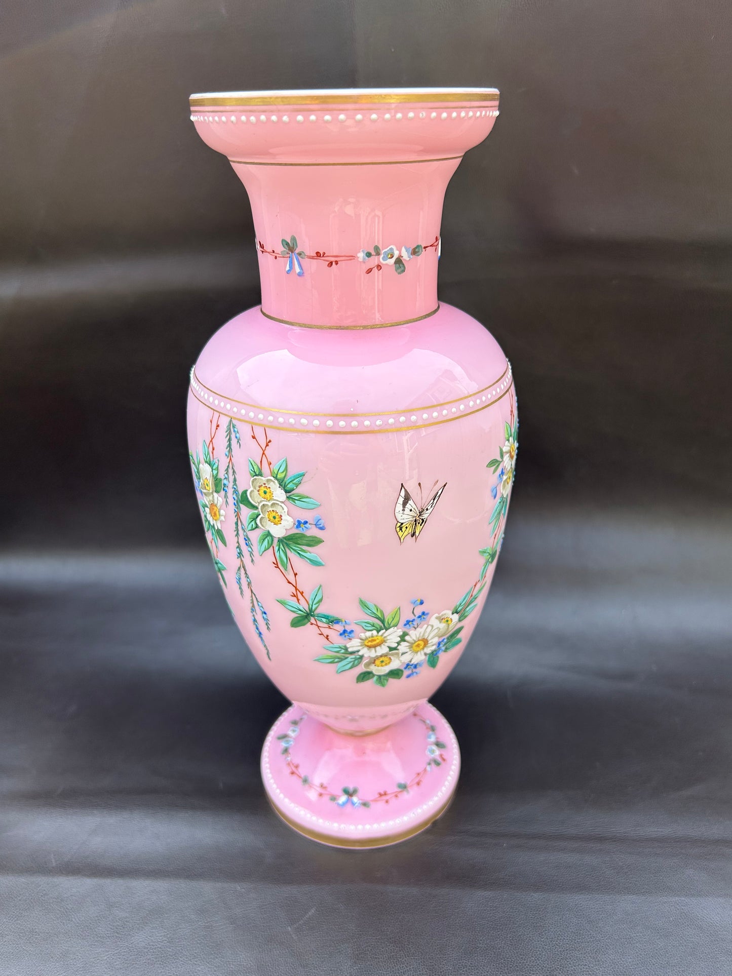 Stunning Large Victorian Opaline Vase Hand Painted Flowers Butterflies Gold Gilt