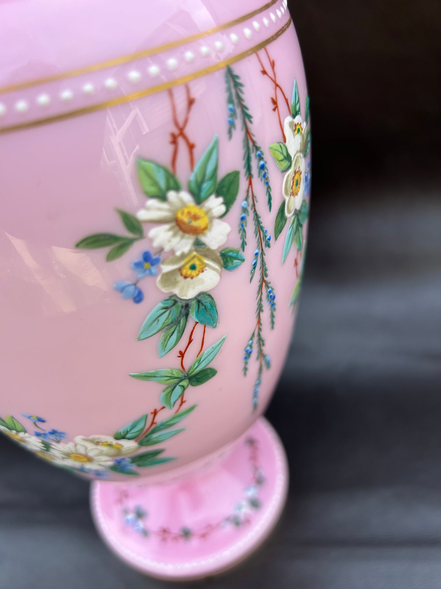 Stunning Large Victorian Opaline Vase Hand Painted Flowers Butterflies Gold Gilt