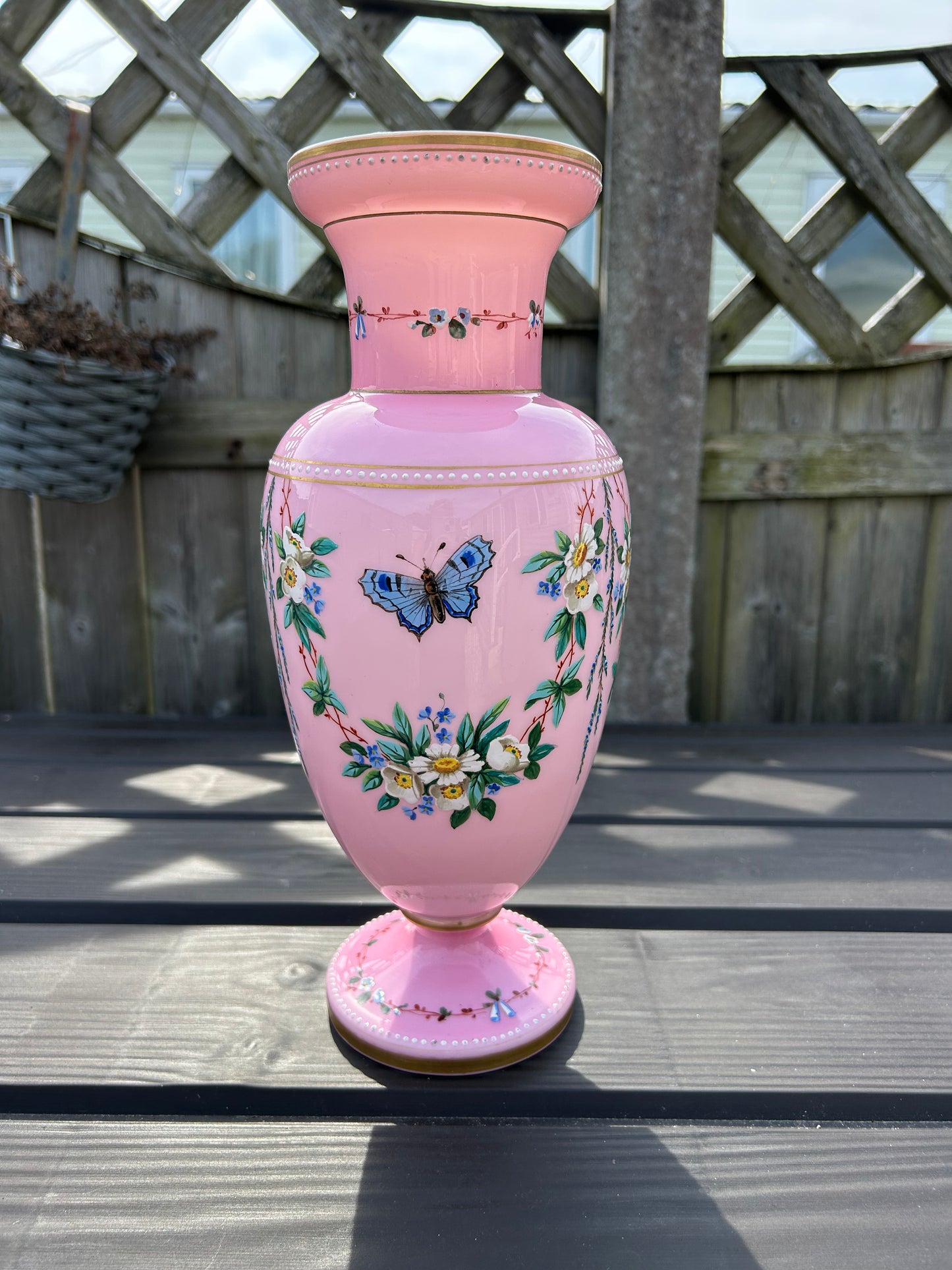 Stunning Large Victorian Opaline Vase Hand Painted Flowers Butterflies Gold Gilt