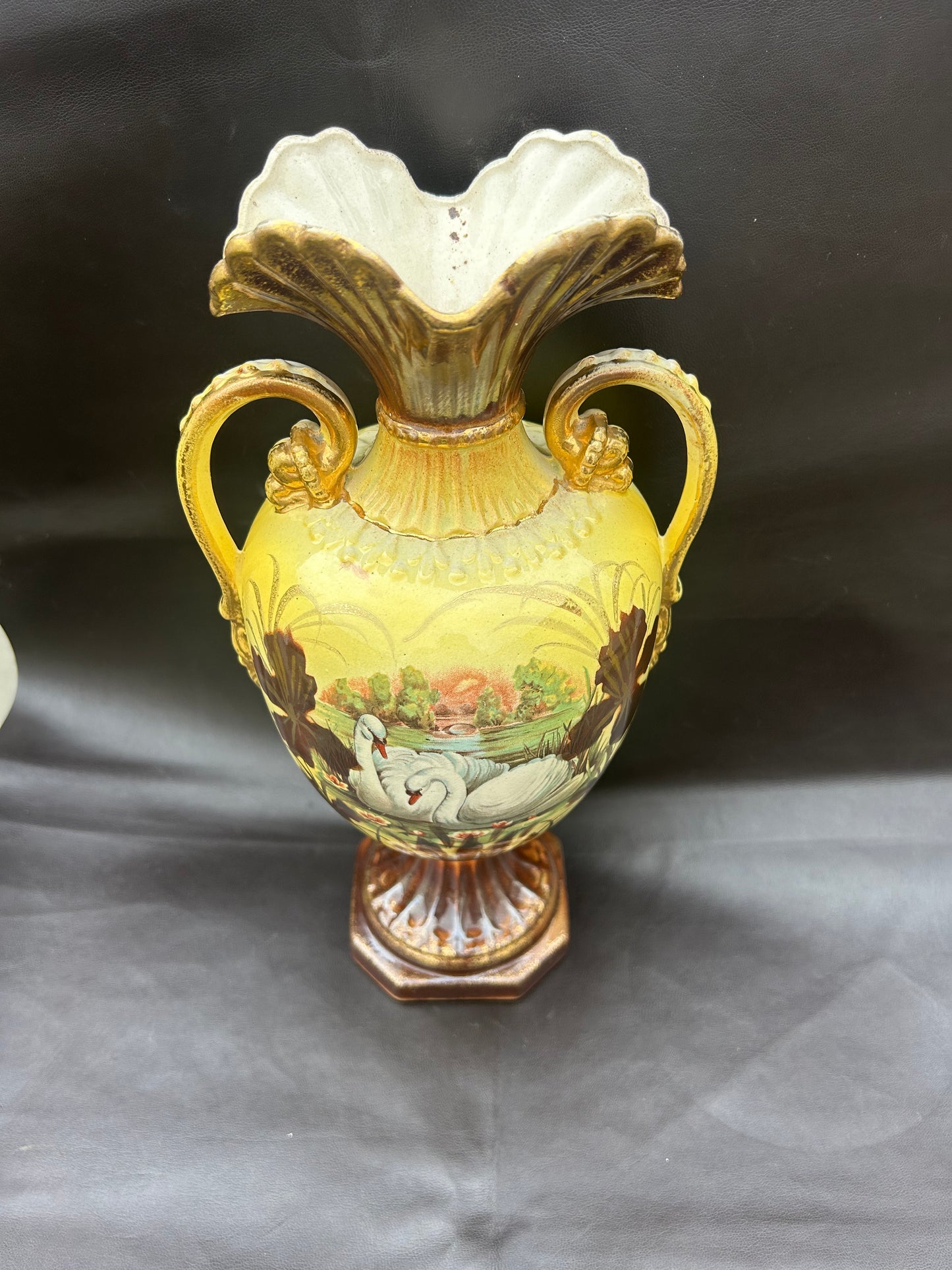 Antique Italian Porcelain Ruffle Top Base In Yellow Swans On Lake Hand-Painted