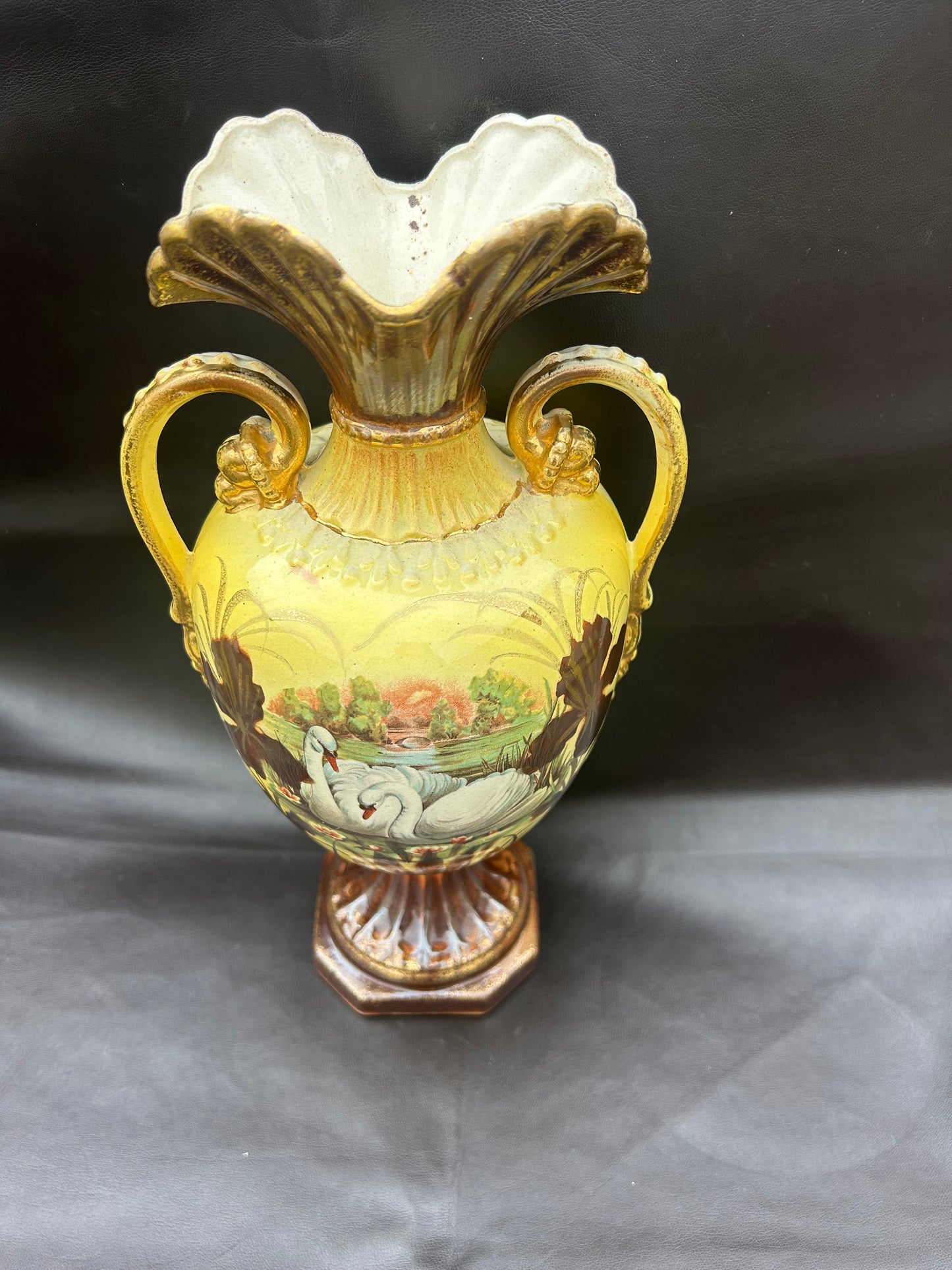 Antique Italian Porcelain Ruffle Top Base In Yellow Swans On Lake Hand-Painted