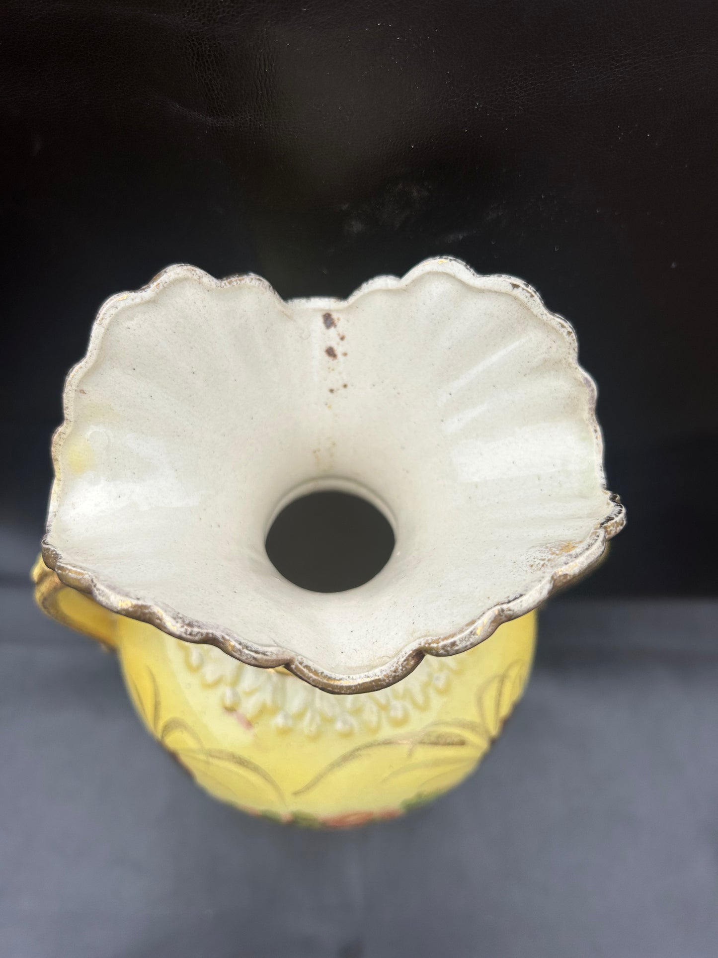 Antique Italian Porcelain Ruffle Top Base In Yellow Swans On Lake Hand-Painted