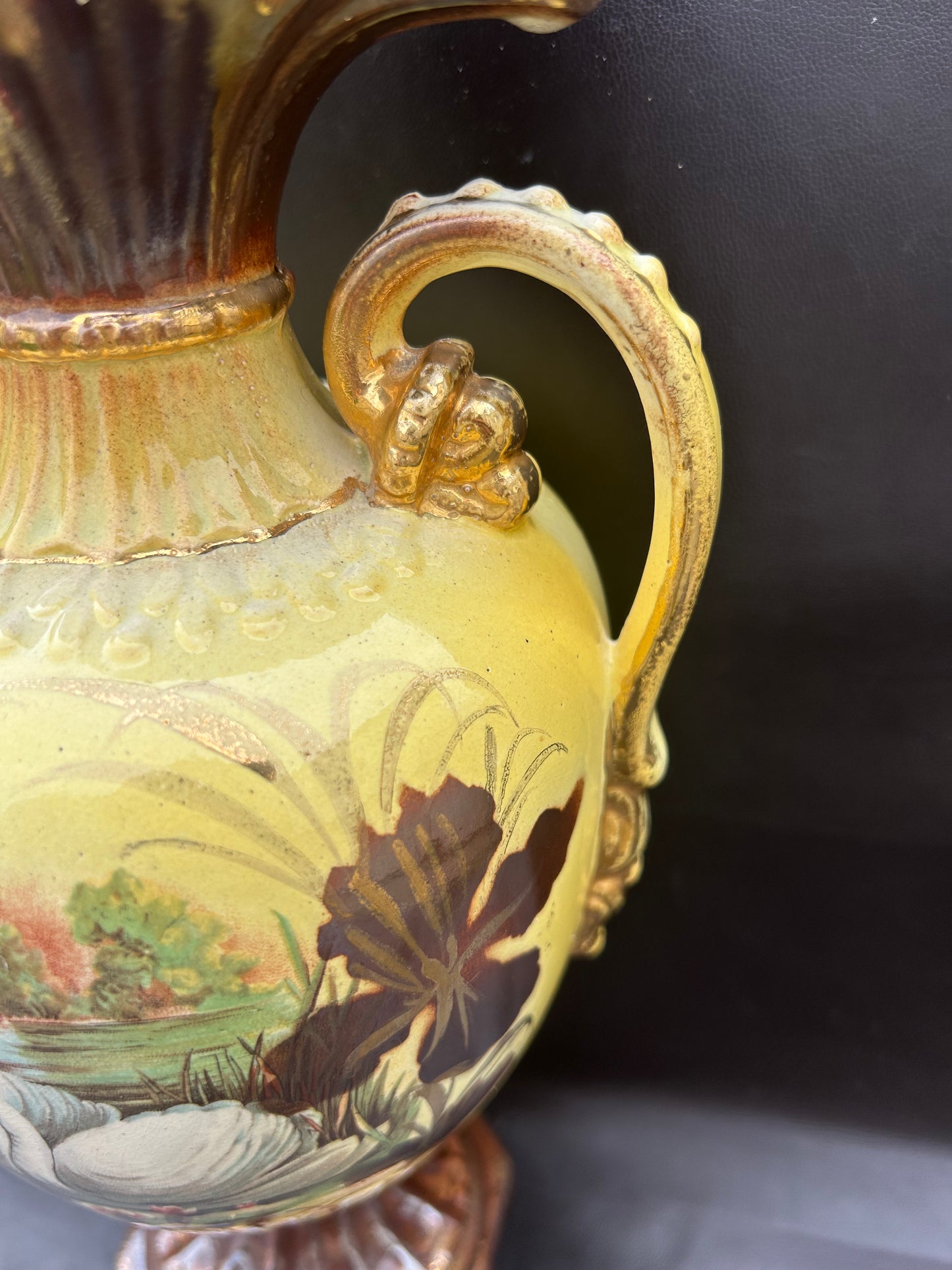Antique Italian Porcelain Ruffle Top Base In Yellow Swans On Lake Hand-Painted