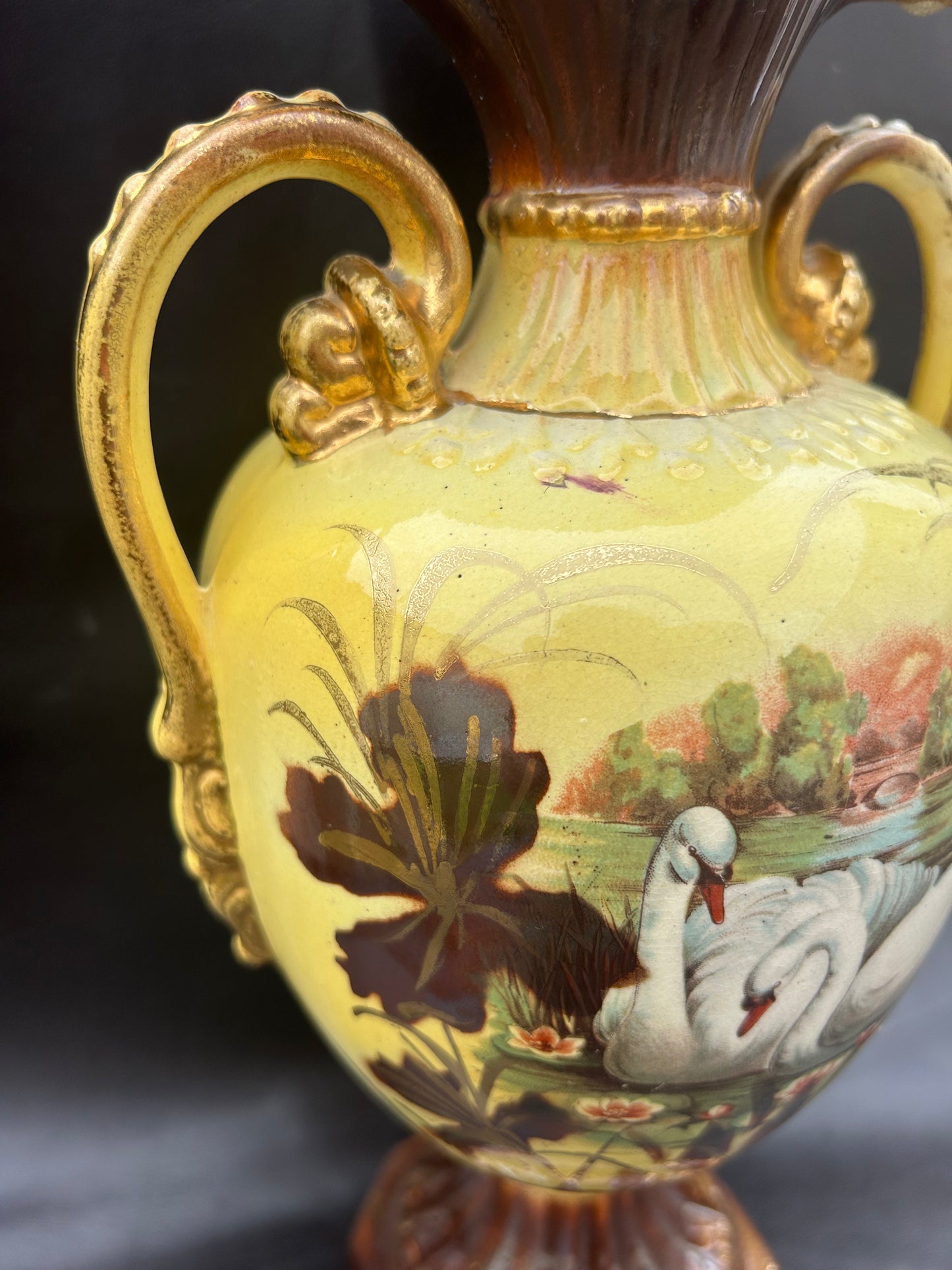 Antique Italian Porcelain Ruffle Top Base In Yellow Swans On Lake Hand-Painted