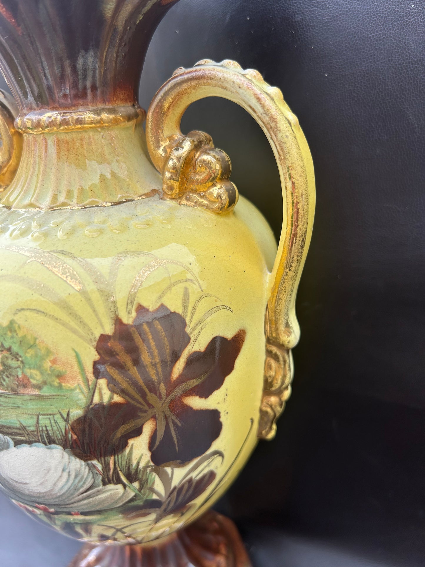 Antique Italian Porcelain Ruffle Top Base In Yellow Swans On Lake Hand-Painted