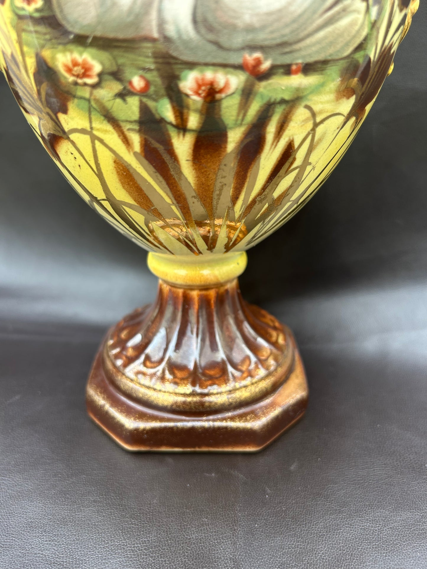 Antique Italian Porcelain Ruffle Top Base In Yellow Swans On Lake Hand-Painted