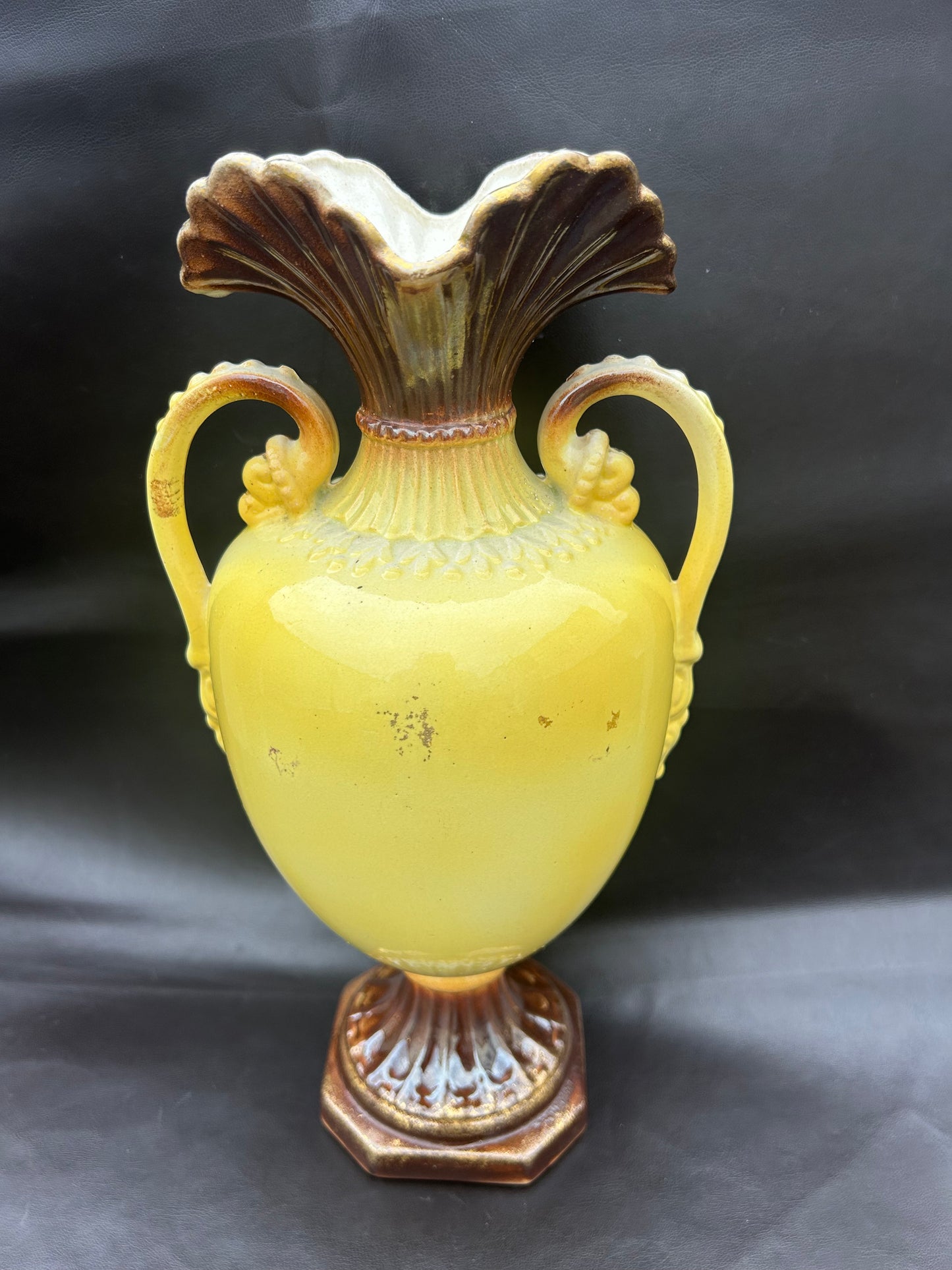 Antique Italian Porcelain Ruffle Top Base In Yellow Swans On Lake Hand-Painted