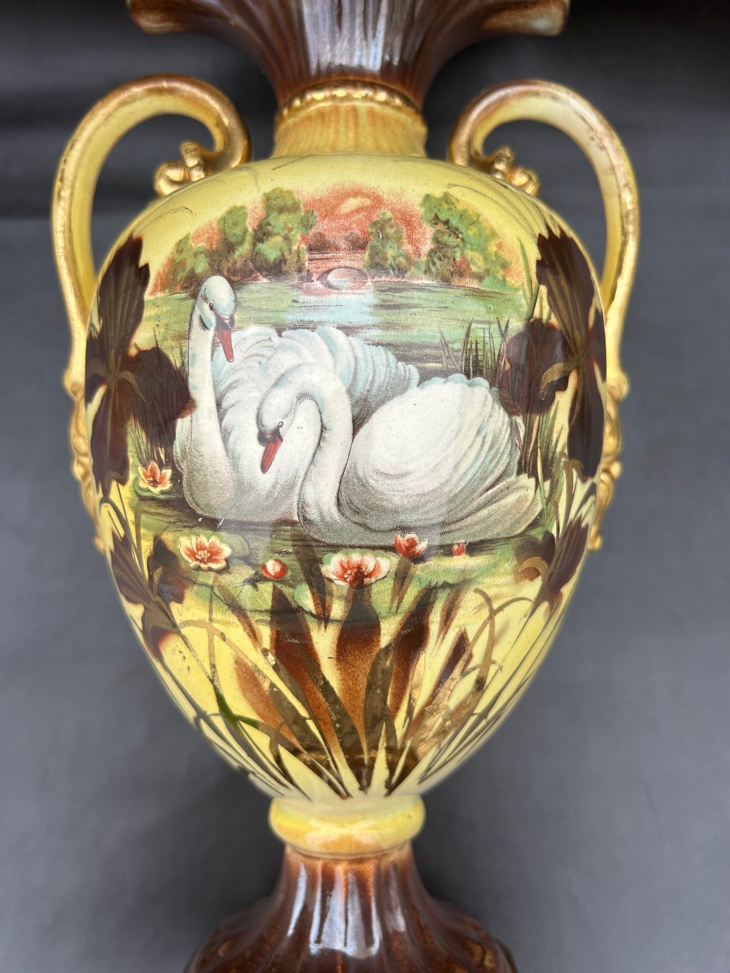 Antique Italian Porcelain Ruffle Top Base In Yellow Swans On Lake Hand-Painted