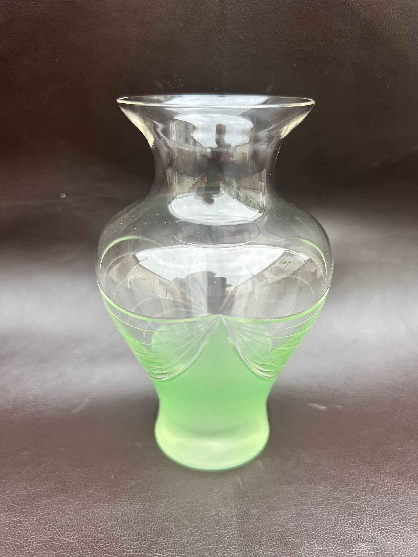 Genuine Art Deco Vase Green Frosted Glass and Etched Detail 1930s Era