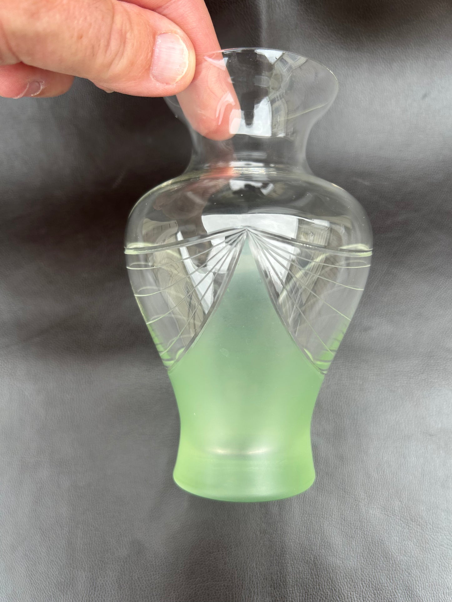 Genuine Art Deco Vase Green Frosted Glass and Etched Detail 1930s Era