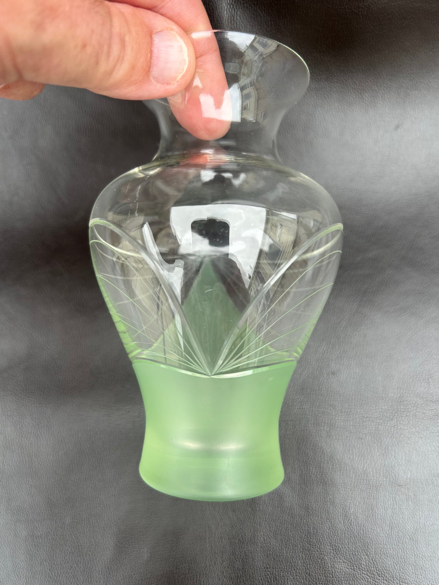 Genuine Art Deco Vase Green Frosted Glass and Etched Detail 1930s Era