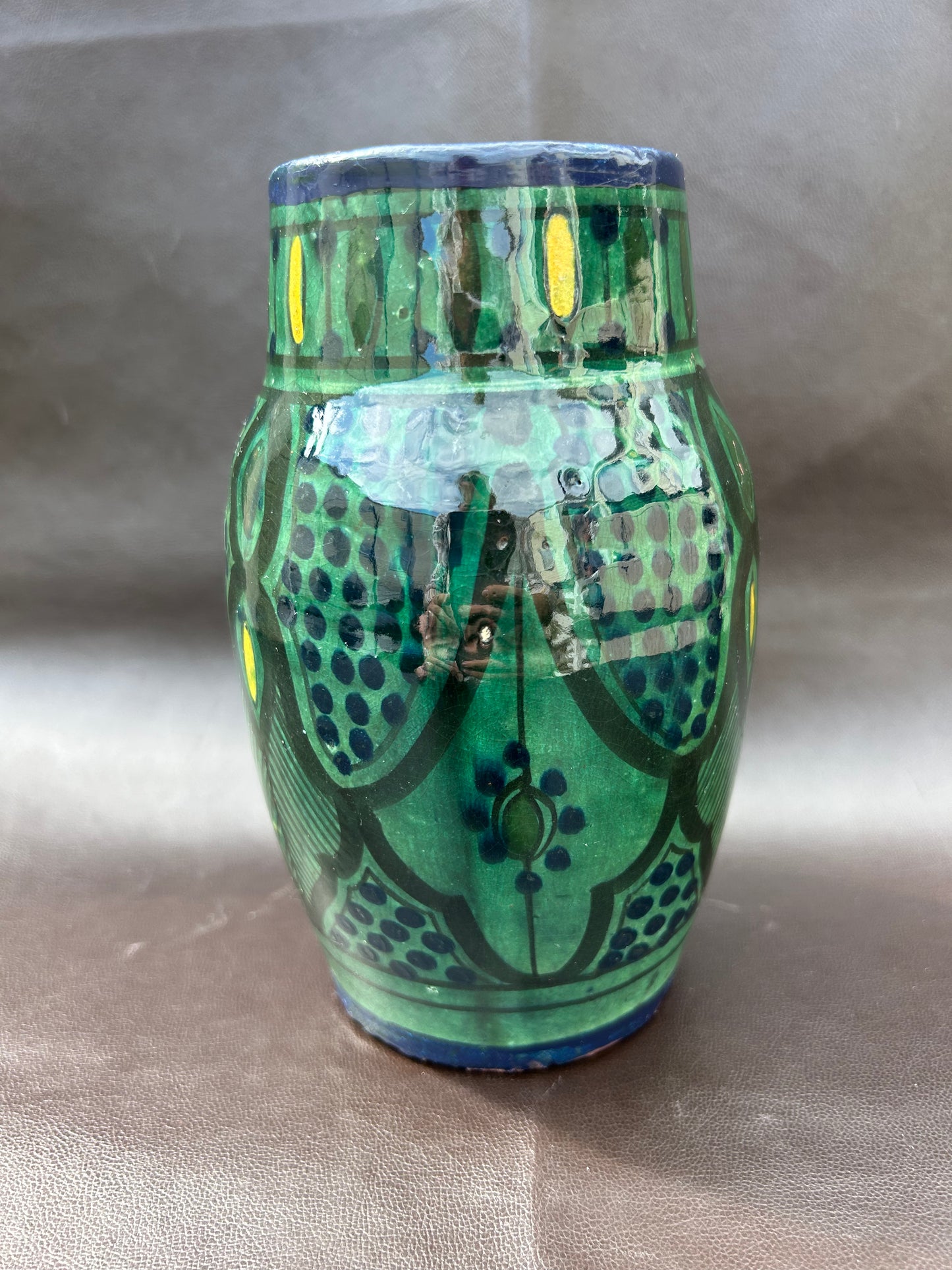 Ahmed Serghini Morocco Safi Pottery Vase Vintage Green & Yellow