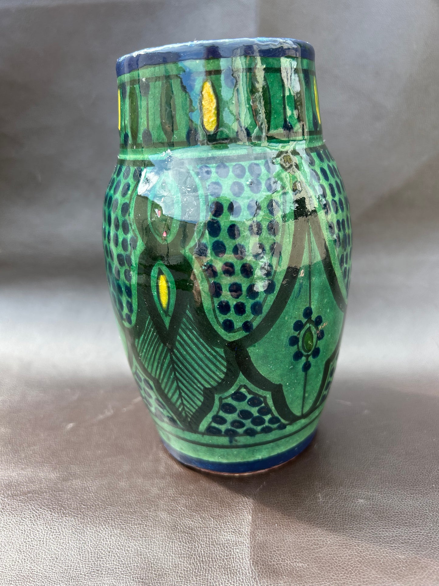 Ahmed Serghini Morocco Safi Pottery Vase Vintage Green & Yellow