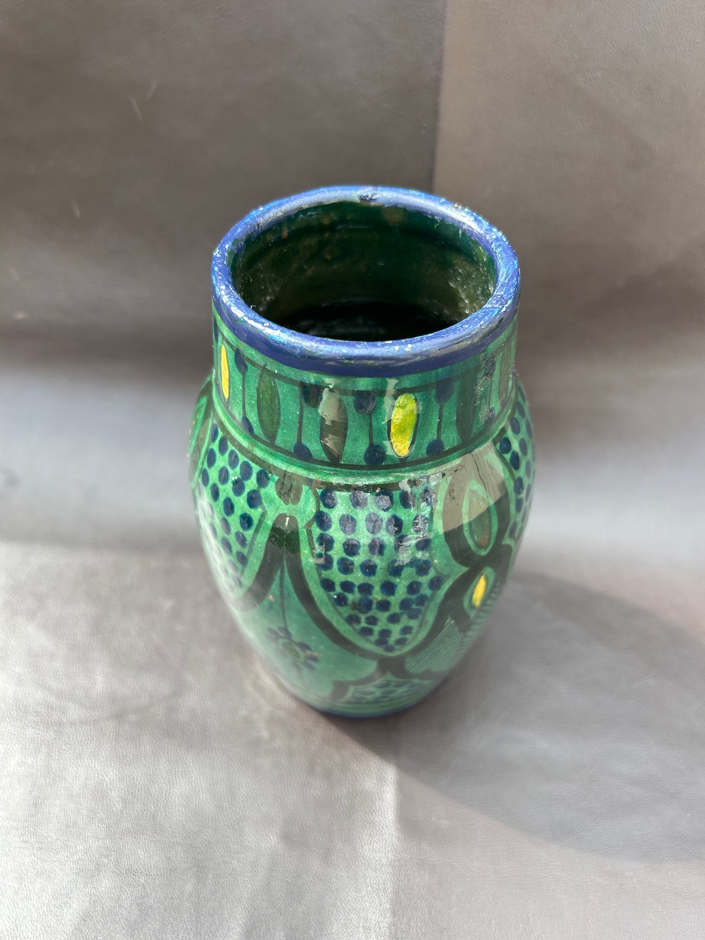 Ahmed Serghini Morocco Safi Pottery Vase Vintage Green & Yellow