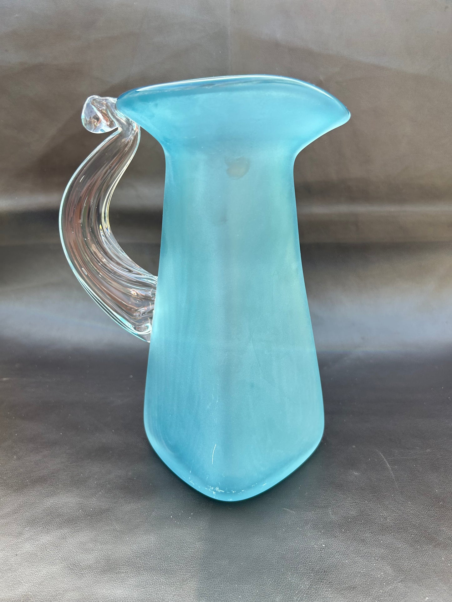 Genuine Steven Newell Blue Frosted Jug Pitcher Clear Handle Vintage Mid Century