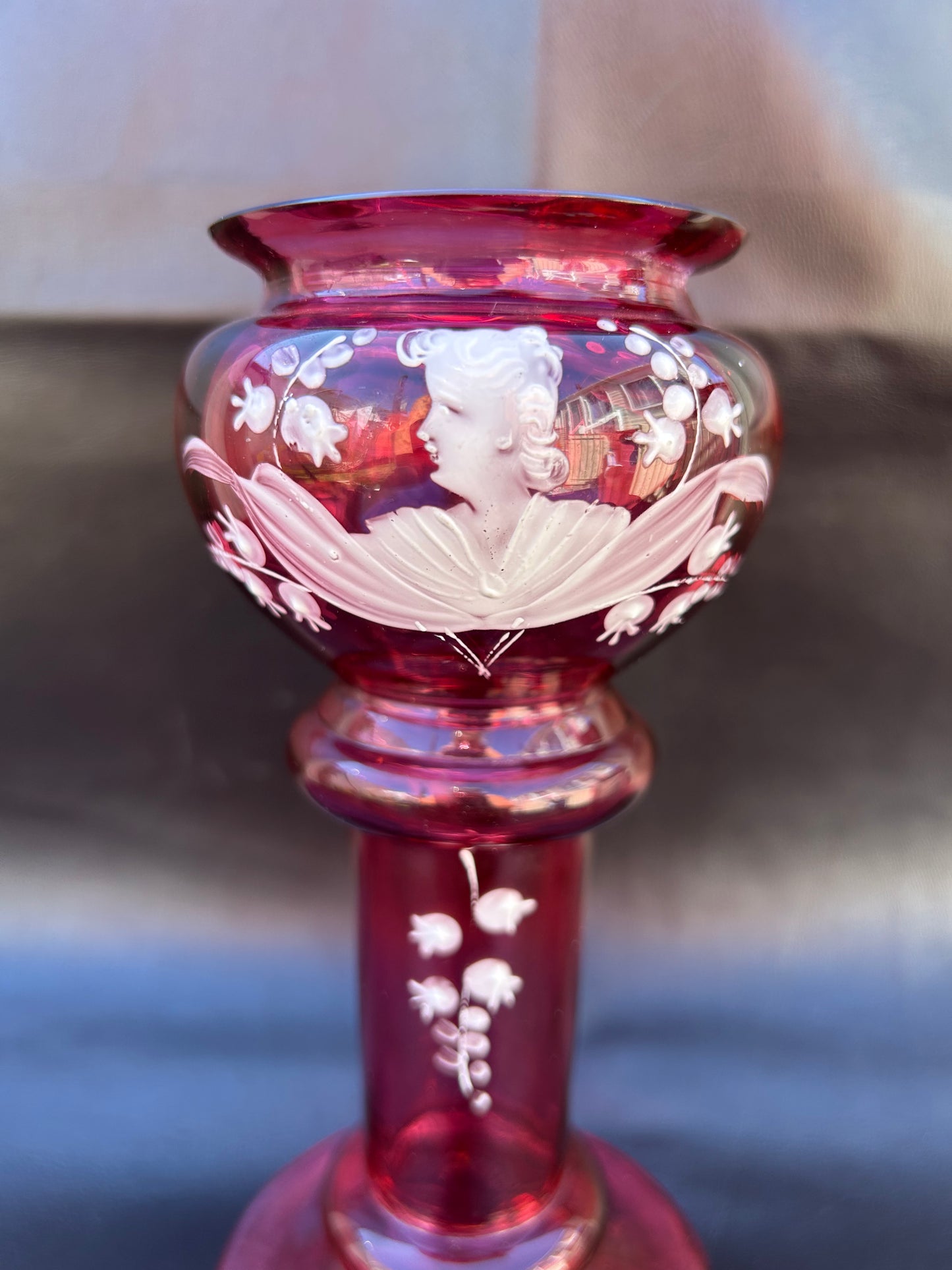Antique Cranberry Glass Vase By Mary Gregory With White Enamel Design