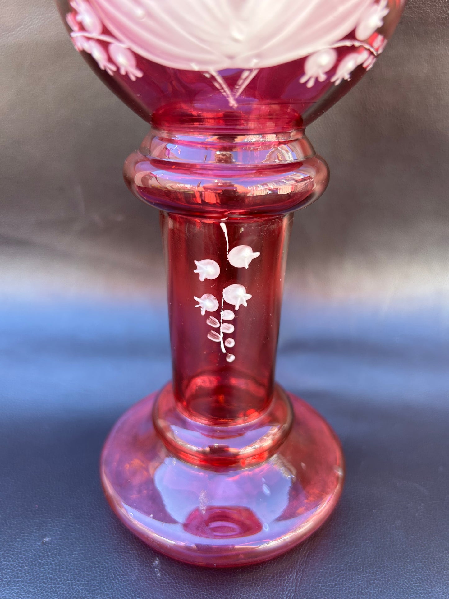 Antique Cranberry Glass Vase By Mary Gregory With White Enamel Design