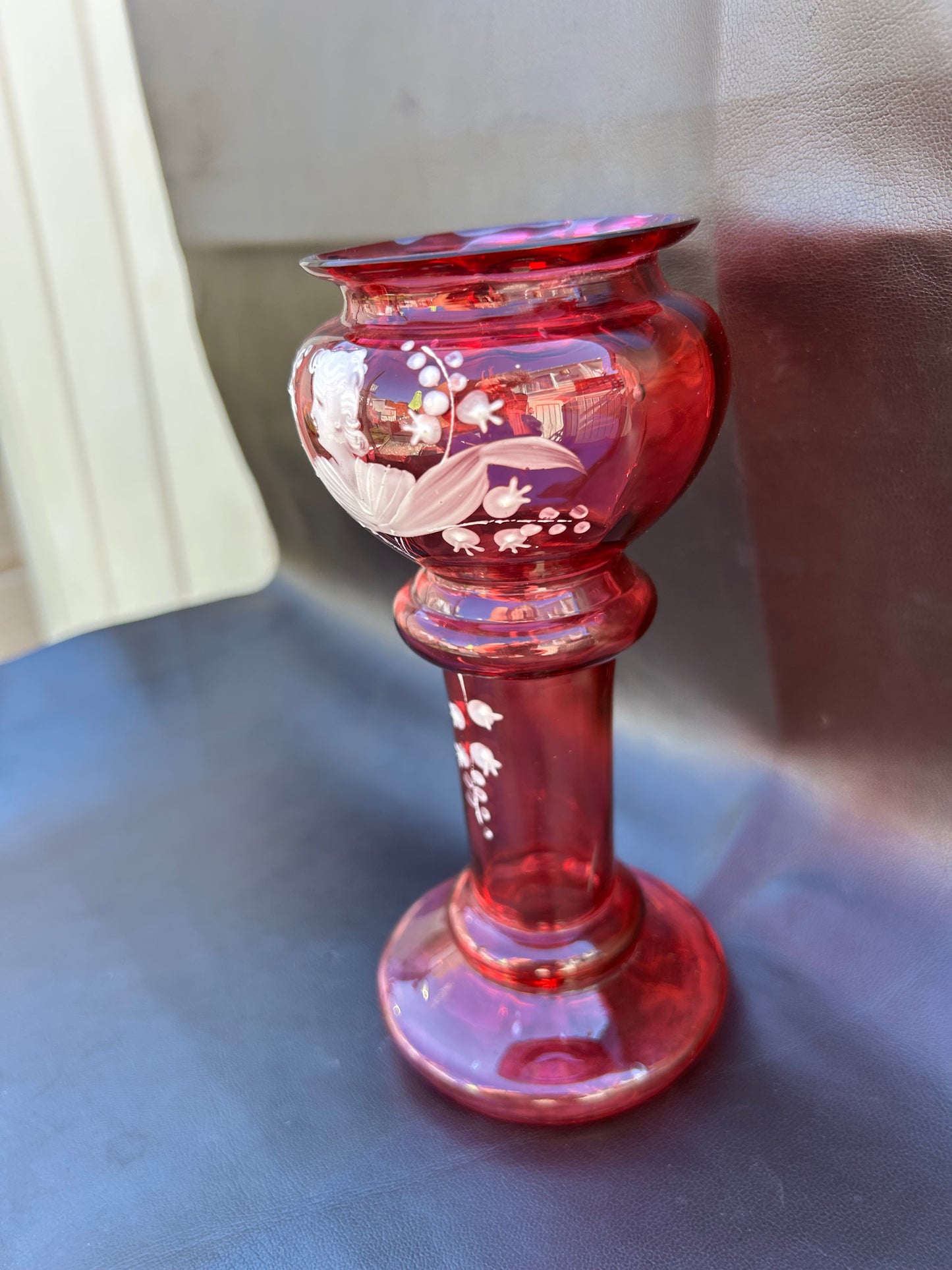 Antique Cranberry Glass Vase By Mary Gregory With White Enamel Design